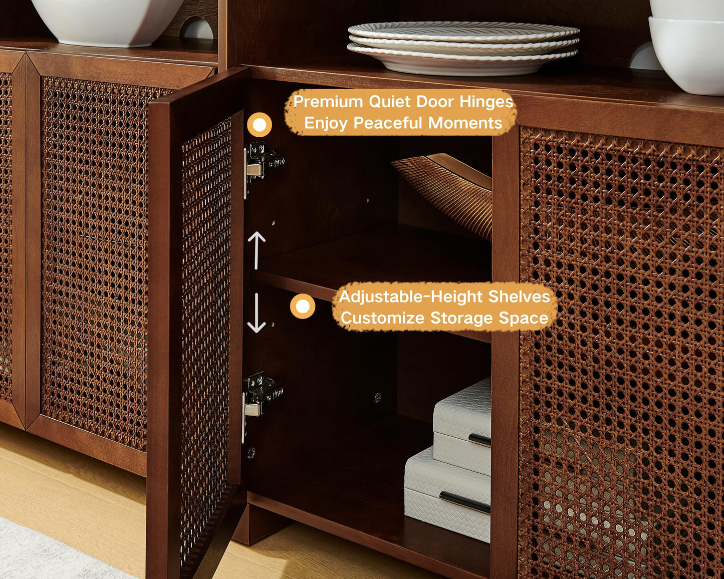 LKTART 63" Rattan Sideboard Buffet Cabinet,Kitchen Storage Cabinet,Wood Coffee Bars with 4 Doors & Open Storage Shelves,Mid Century Modern Credenza Console Table for Living Room,Walnut