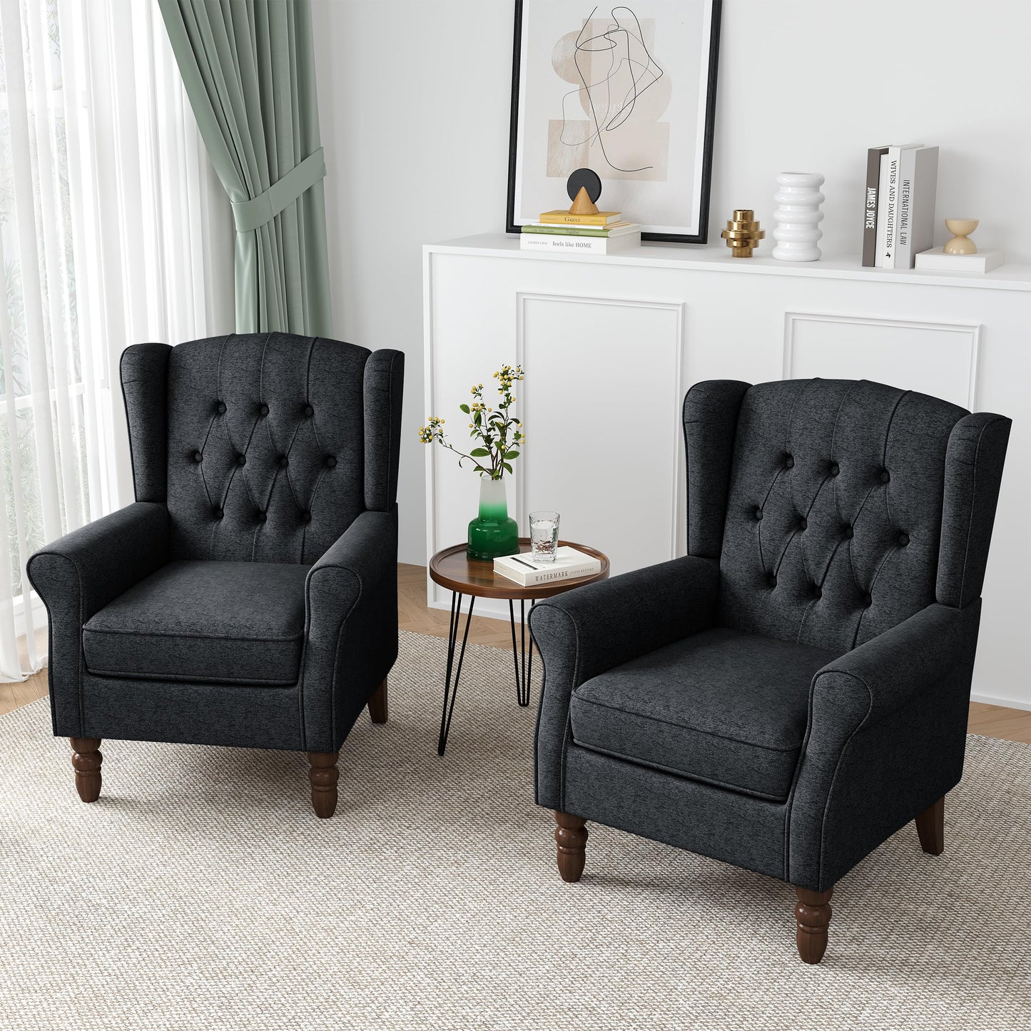 Faux Leather Wingback Chairs Set of 2, High Back Accent Chair for Living Room, Button-Tufted Upholstered Armchair with Solid Wood Legs, Comfy Reading Chair for Bedroom, Brown