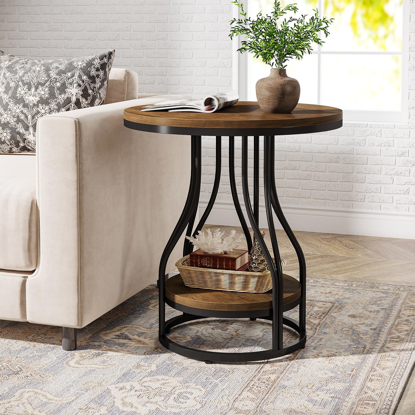 Tribesigns Round Side End Table 2-Tier End Tables Modern Bedside Table Small Chairside Tables with Storage for Couch Side, Nightstand with Metal Frame for Living Room (1, White+Gold)