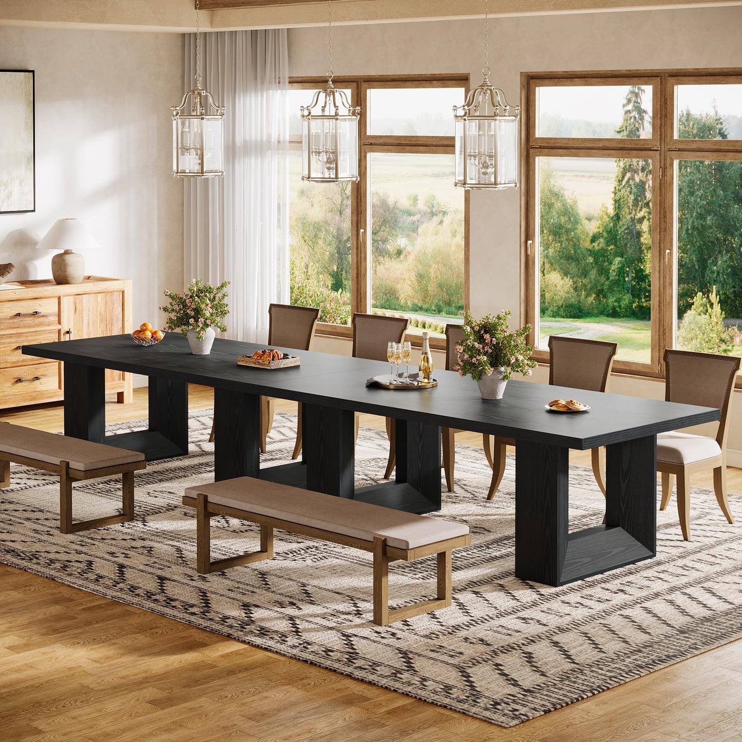 Tribesigns Farmhouse Dining Table, 63-Inch Rectangular Kitchen Table with Strong Geometric Frame for Kitchen & Dining & Living Room, Brown