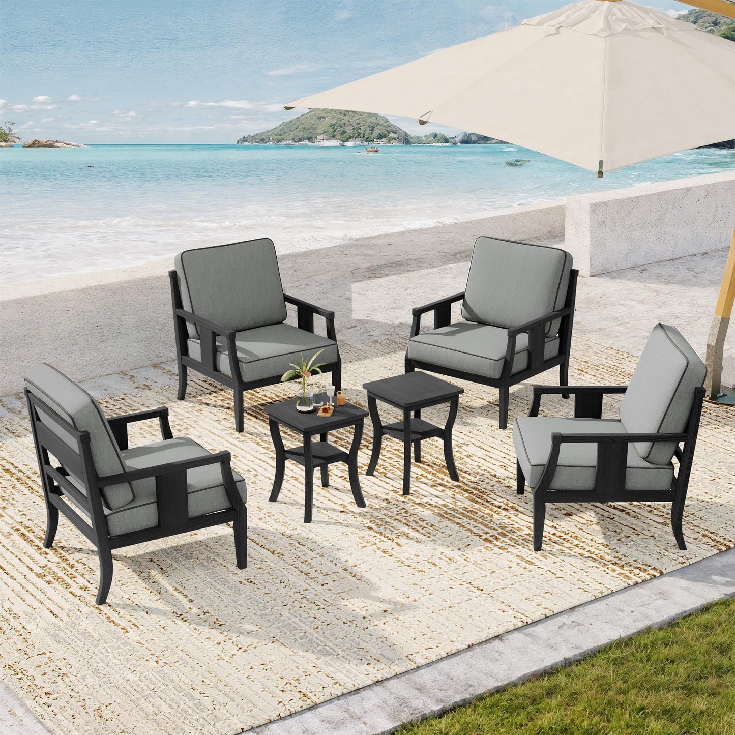 Outdoor Patio Armchairs Set of 2, All-Weather Solid Wood Patio Furniture Sets, Outdoor Sofa Chairs with Washable Thick Cushions for Porch, Balcony, Deck, Black Frame & Gray Cushion