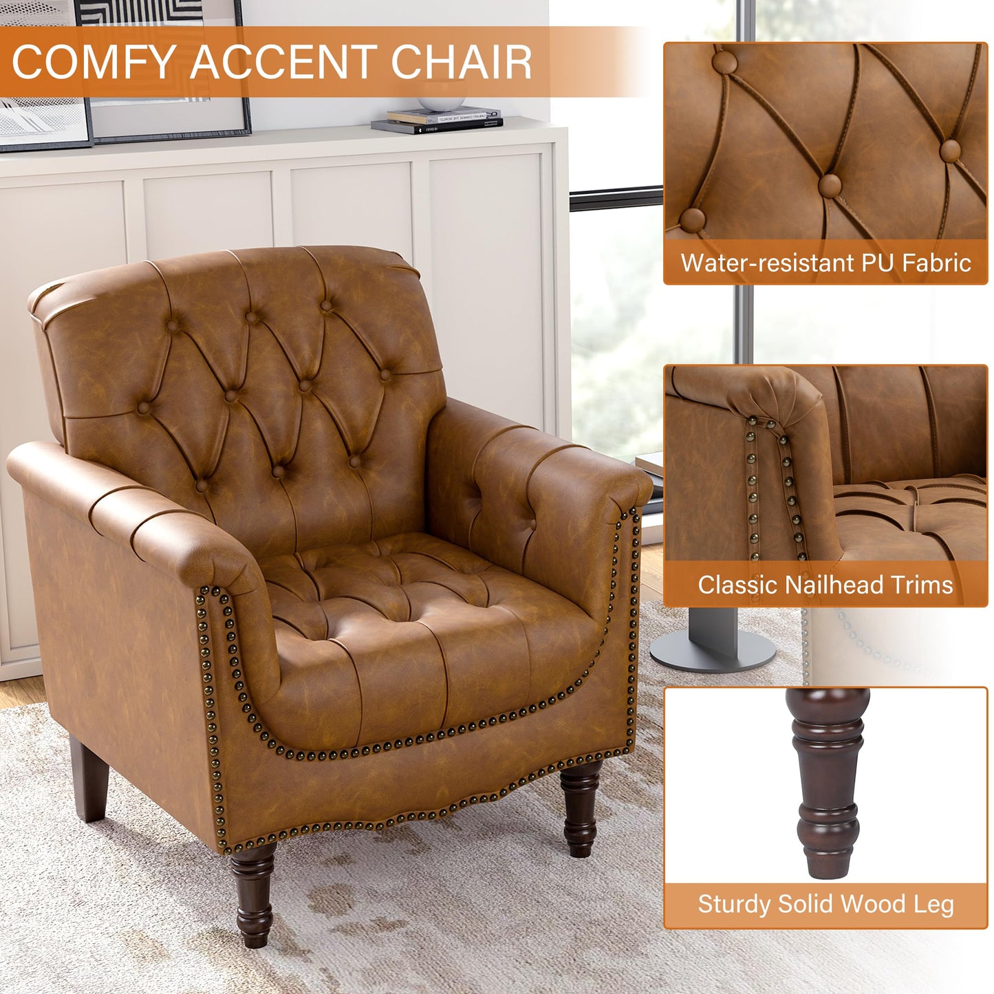 Faux Leather Club Chair, Retro Upholstered Armchair Accent Chair with Solid Wood Legs & Nailhead Trim for Living Room, Bedroom, Reading Room, Camel
