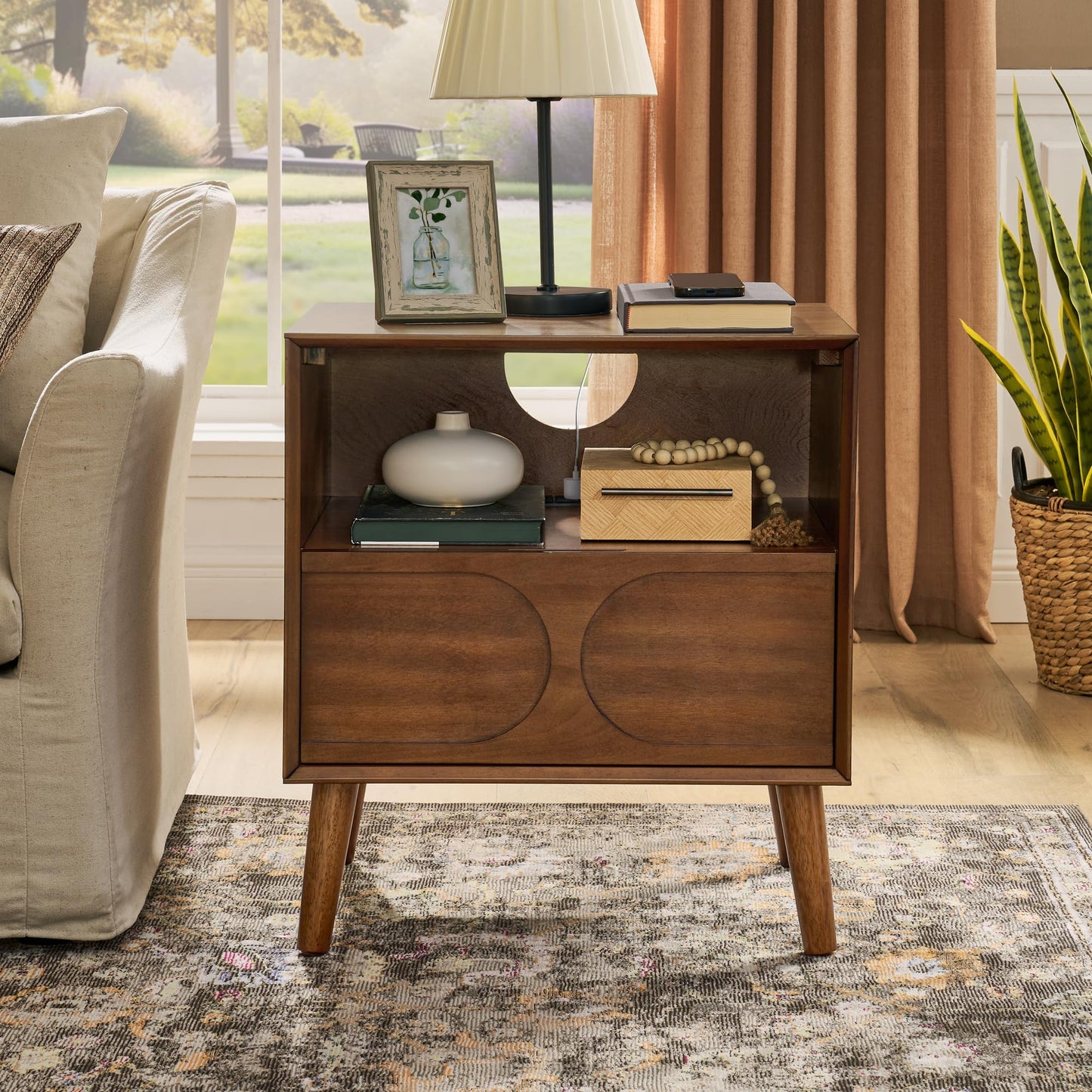 LKTART Night Stand with Charger Station, Wood Bed Side Table with Drawers,Mid Century Modern Nightstand with Solid Wood Feet,End Tables for Bedroom Walnut