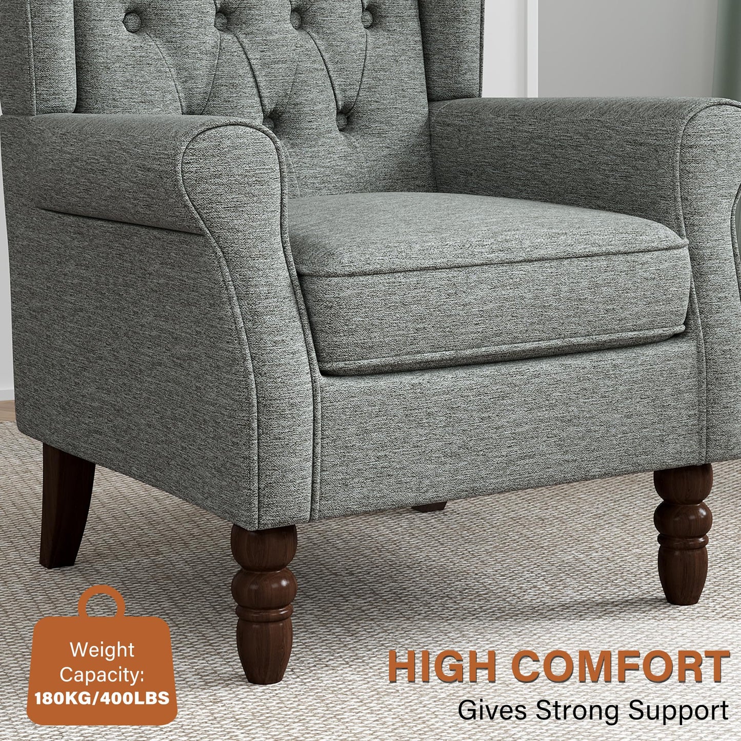 Faux Leather Wingback Chairs Set of 2, High Back Accent Chair for Living Room, Button-Tufted Upholstered Armchair with Solid Wood Legs, Comfy Reading Chair for Bedroom, Brown