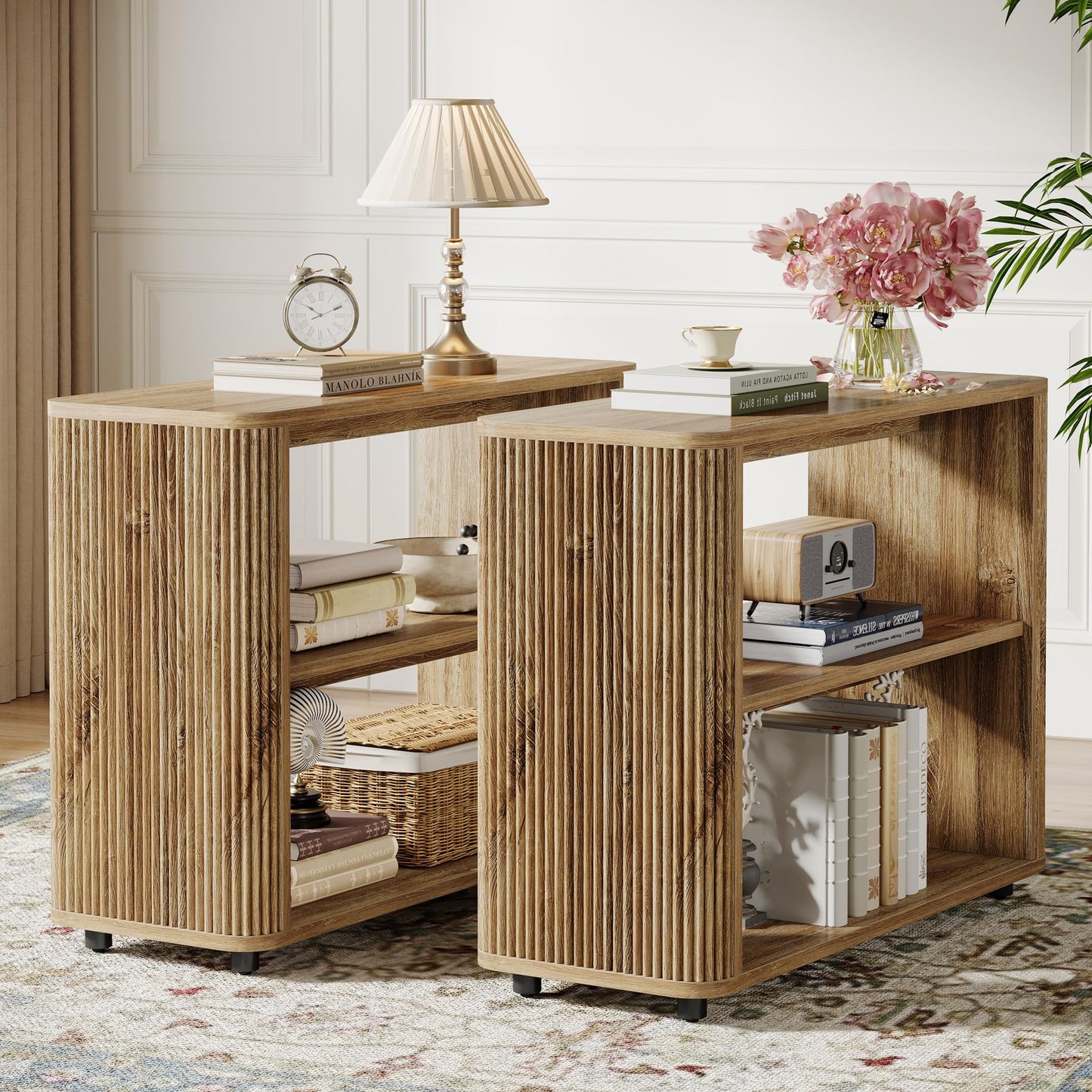Tribesigns Narrow Side Table, 3-Tier End Table for Living Room, Small Fluted Nightstand with Storage Shelves, Farmhouse Bedside Table for Bedroom, Small Spaces, Sofa Couch, Dark Walnut
