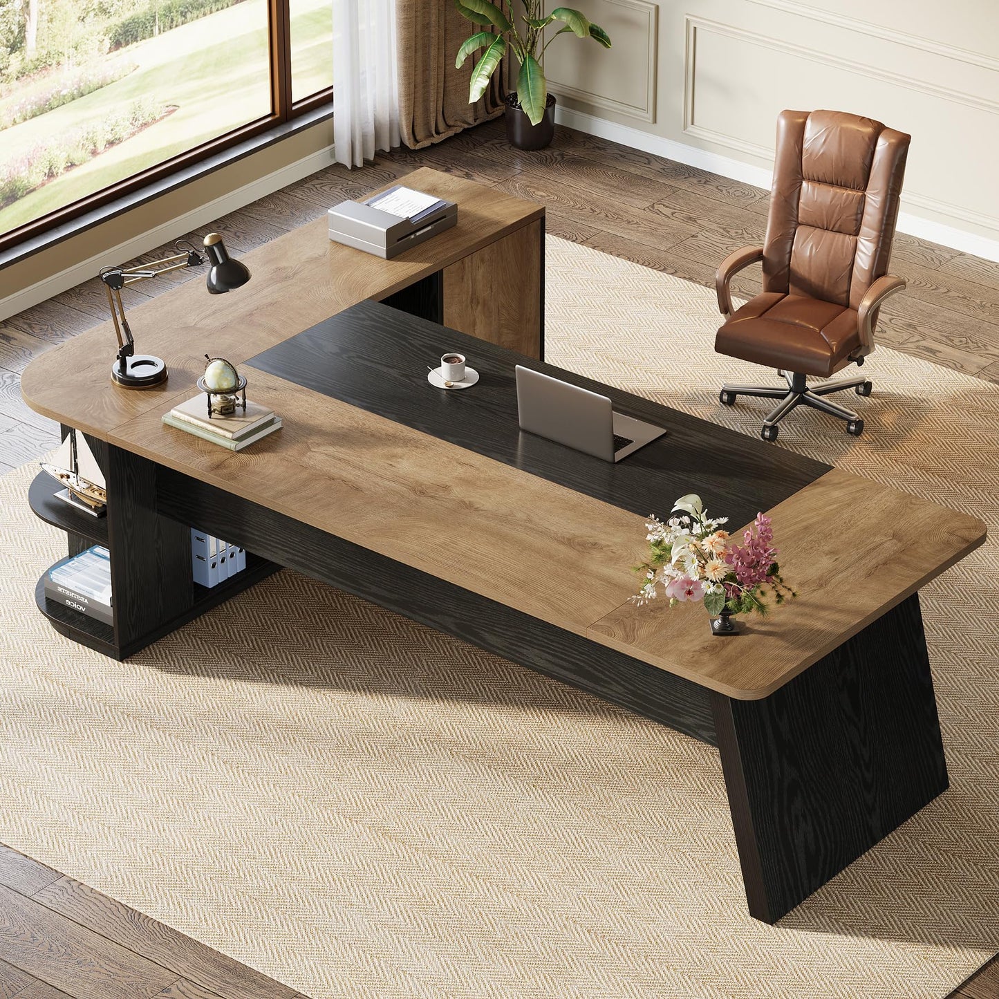 Tribesigns 79-Inch Executive Desk, Large Office Desk with Cabinet, L-Shaped Compter Desk with Storage Shelves, Writing Table for Home Office, Brown and Black