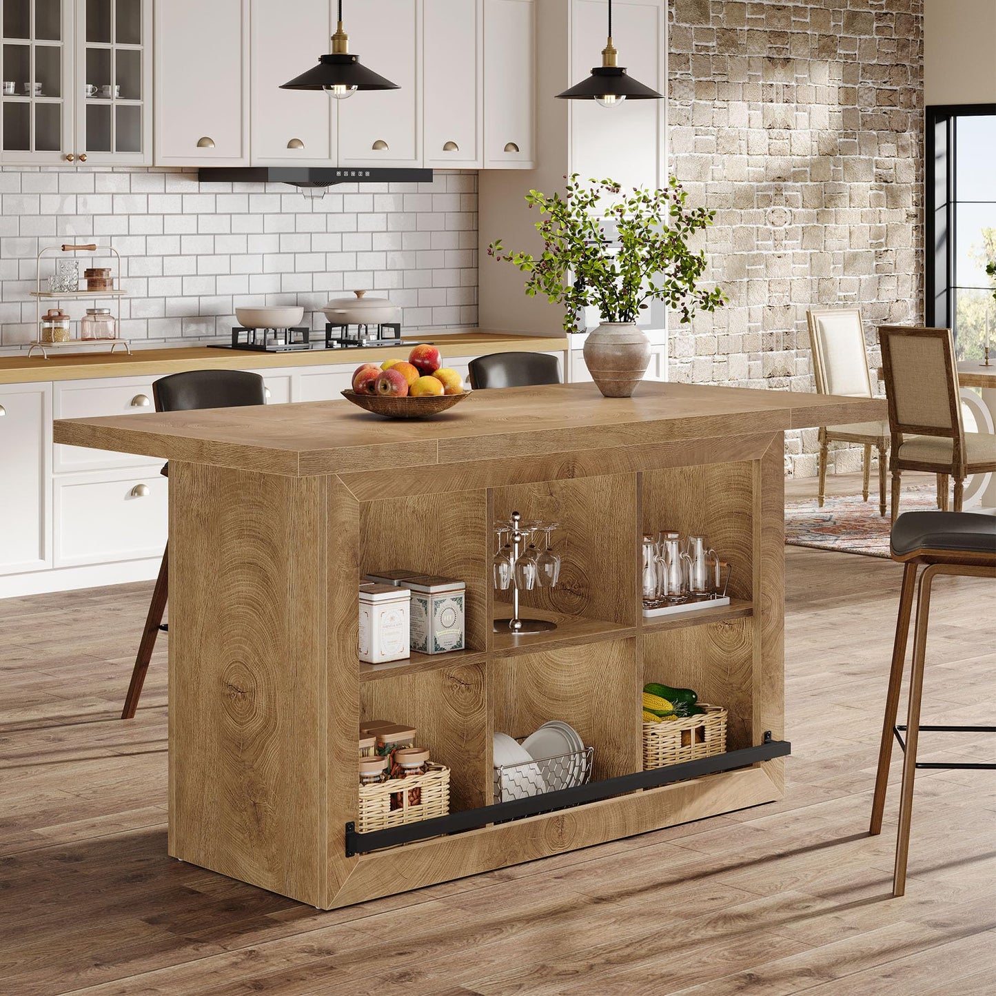Tribesigns Kitchen Island with Storage, Counter Height Kitchen Island Table with 6 Open Cubbies and Footrests, Coffee Bar Table for Dining Room, Black&Brown