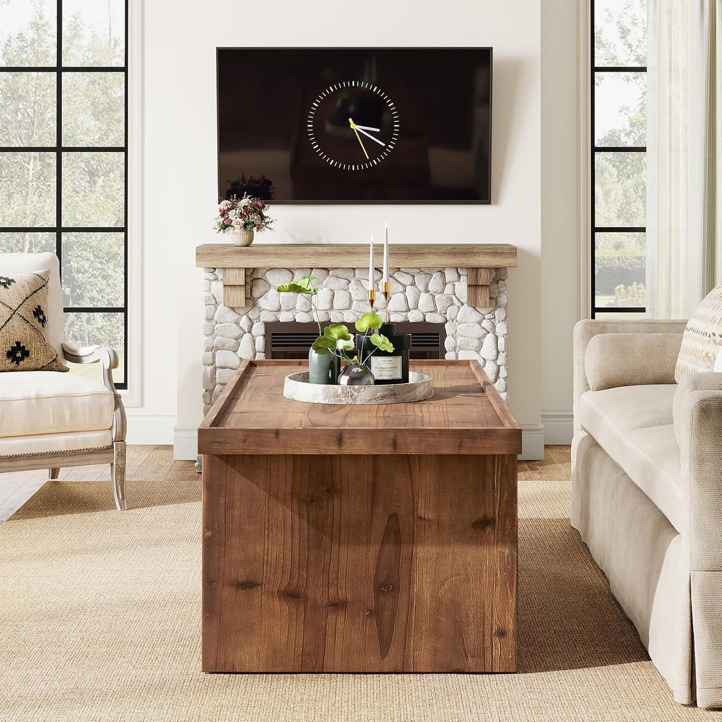47" Solid Wood Coffee Table with Storage, Farmhouse Rectangular Coffee Table with 2-Tier Shelf & Raised Edge, Living Room Center Table, Rustic Brown