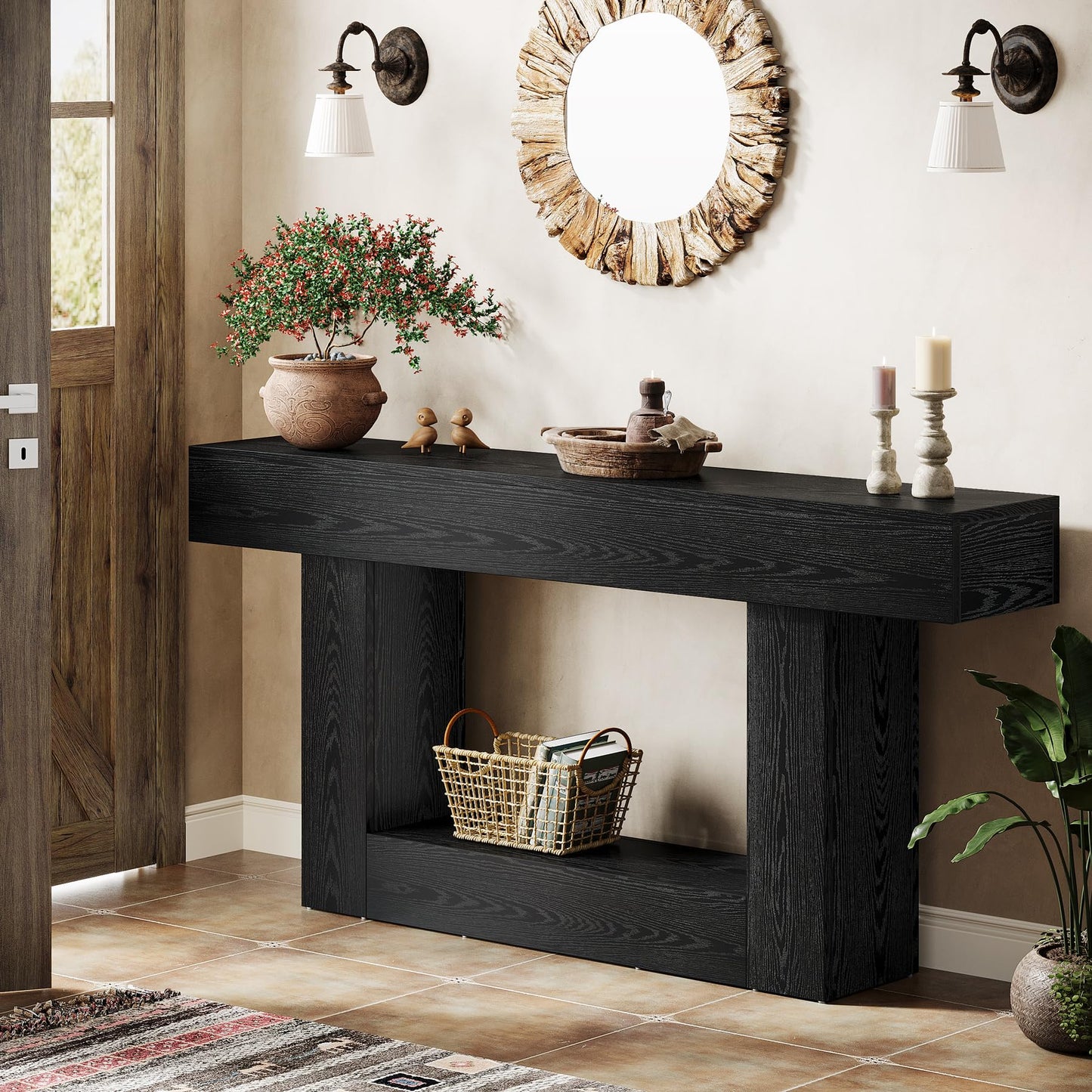 Tribesigns 63" Console Table, Farmhouse 2-Tier Entryway Table with U-Shaped Base, Narrow Long Wood Sofa Table Behind Couch Table for Living Room, Hallway, Foyer, Vintage Brown & Gray | Farmhouse