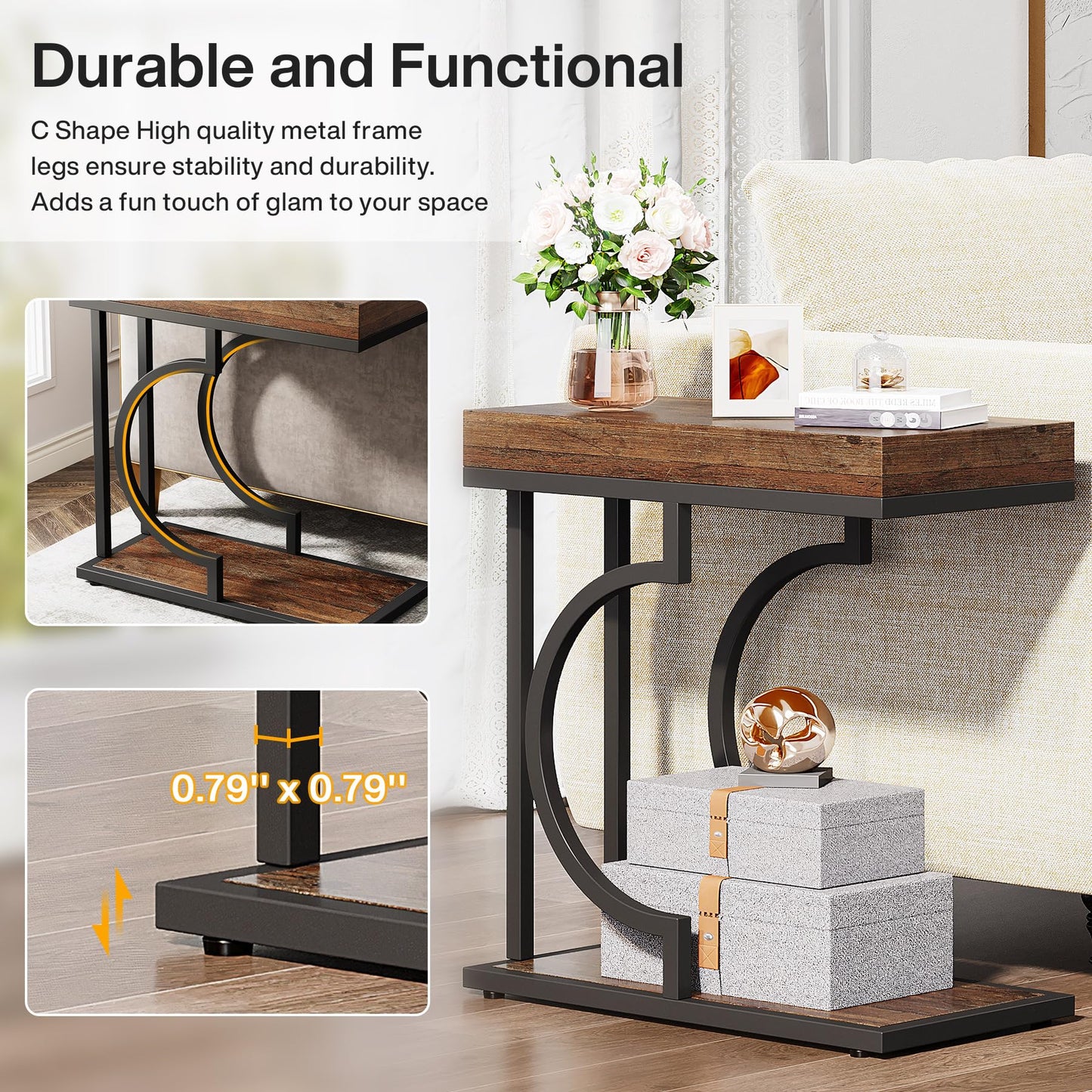 Tribesigns Narrow Side Table for Couch, C Shaped End Table with Metal Frame, Modern Bedside Tables, Small Sofa Tables for Small Spaces, Living Room (1, Brown+Black)
