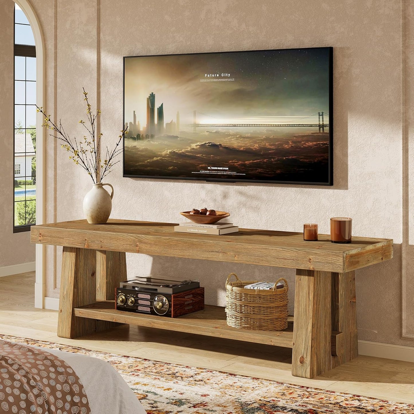 63-Inch Solid Wood TV Stand, 2-Tier Farmhouse Entertainment Center with Open Storage Shelves, TV Consoles for Living Room Bedroom, Wood Television Console for TVs up to 75 Inches