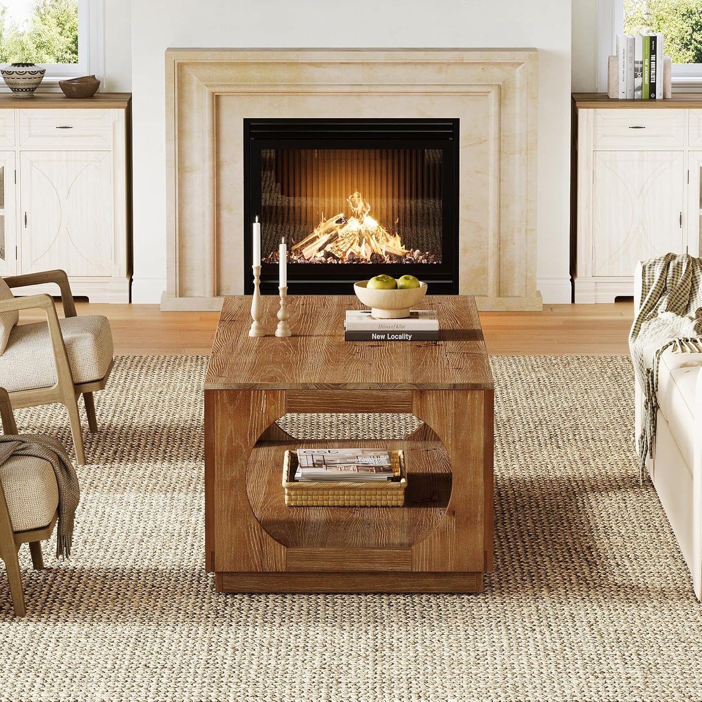 Solid Wood Coffee Table, 47.2" Farmhouse Wooden Center Tables with Storage for Living Room, 2-Tier Rectangular Cocktail Tea Table for Apartment, Home Office