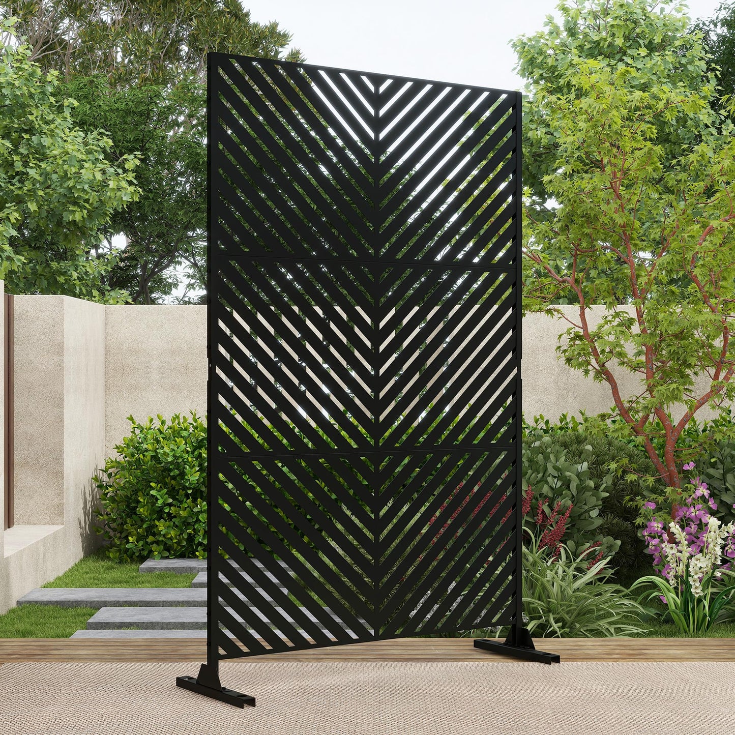 Outdoor Metal Privacy Screen with Stand, 72" H x 47" W Freestanding Outdoor Patio Divider, Decorative Patio Privacy Fence Panel for Garden Backyard Balcony Porch (Brown-Crossbanding)