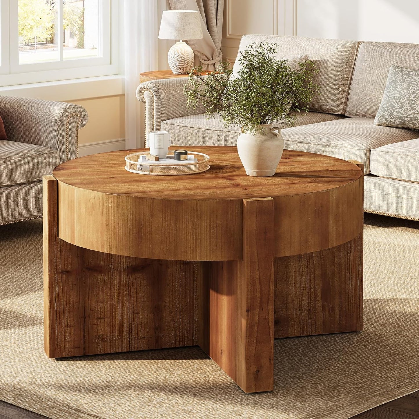 Solid Wood Round Coffee Table, 32 Inch Round Coffee Table for Living Room, Large Farmhouse Center Table with Thick Tabletop for Home, Easy Assembly, Rustic Brown