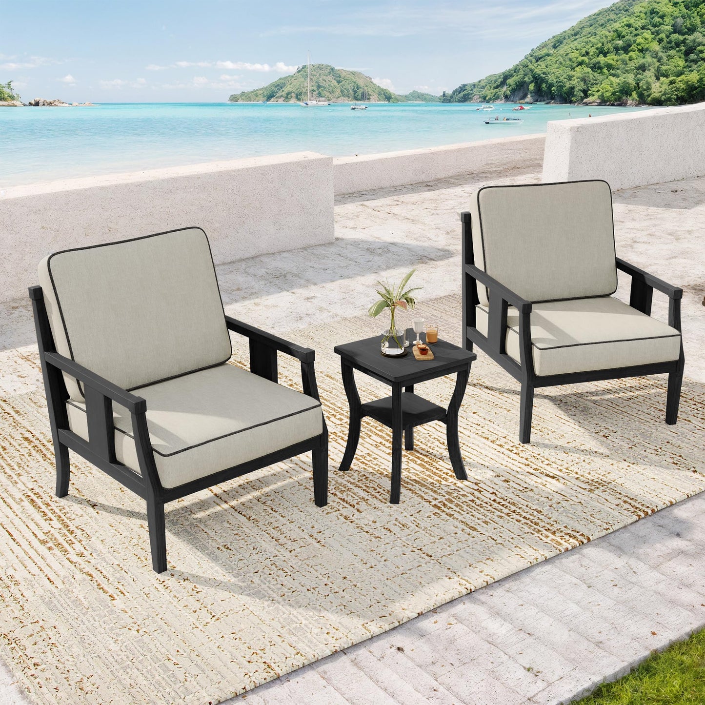 Outdoor Patio Armchairs Set of 2, All-Weather Solid Wood Patio Furniture Sets, Outdoor Sofa Chairs with Washable Thick Cushions for Porch, Balcony, Deck, Black Frame & Gray Cushion