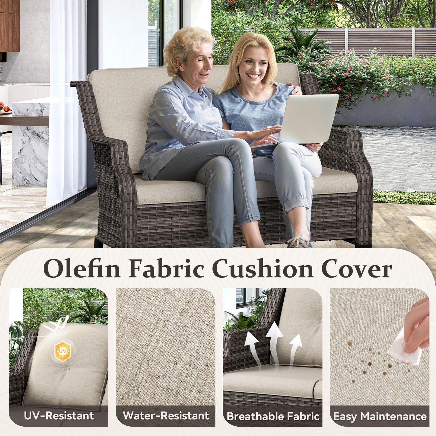Outdoor Patio Loveseat, All-Weather 2-Seater Wicker Loveseat with Cushions, Outdoor Patio Love Seat Sofa for Garden, Balcony and Deck