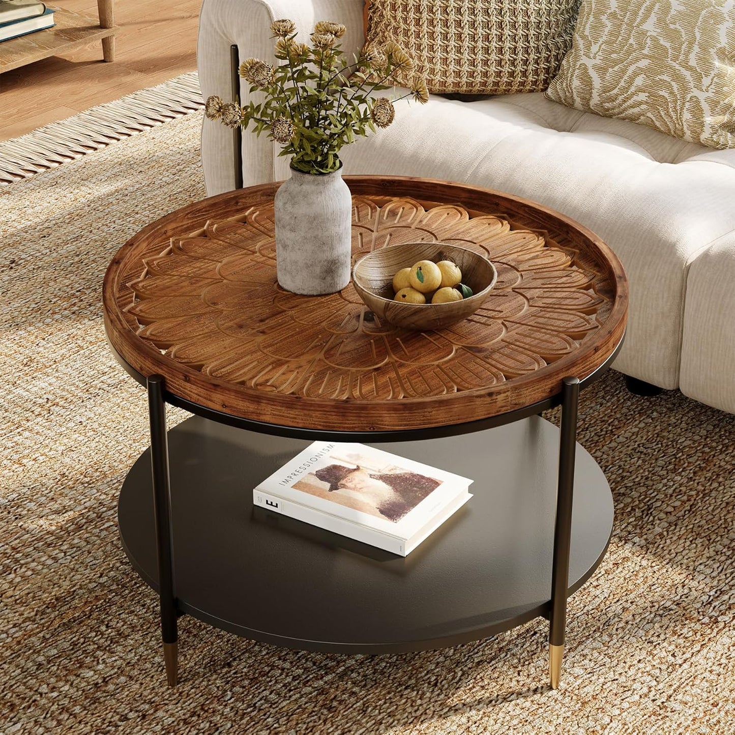 Solid Wood Round Coffee Table, 31.5-Inch Boho Center Tea Table with Metal Storage Frame & Carved Floral Pattern, Living Room Coffee Table Furniture for Small Spaces, Apartment, Rustic Brown