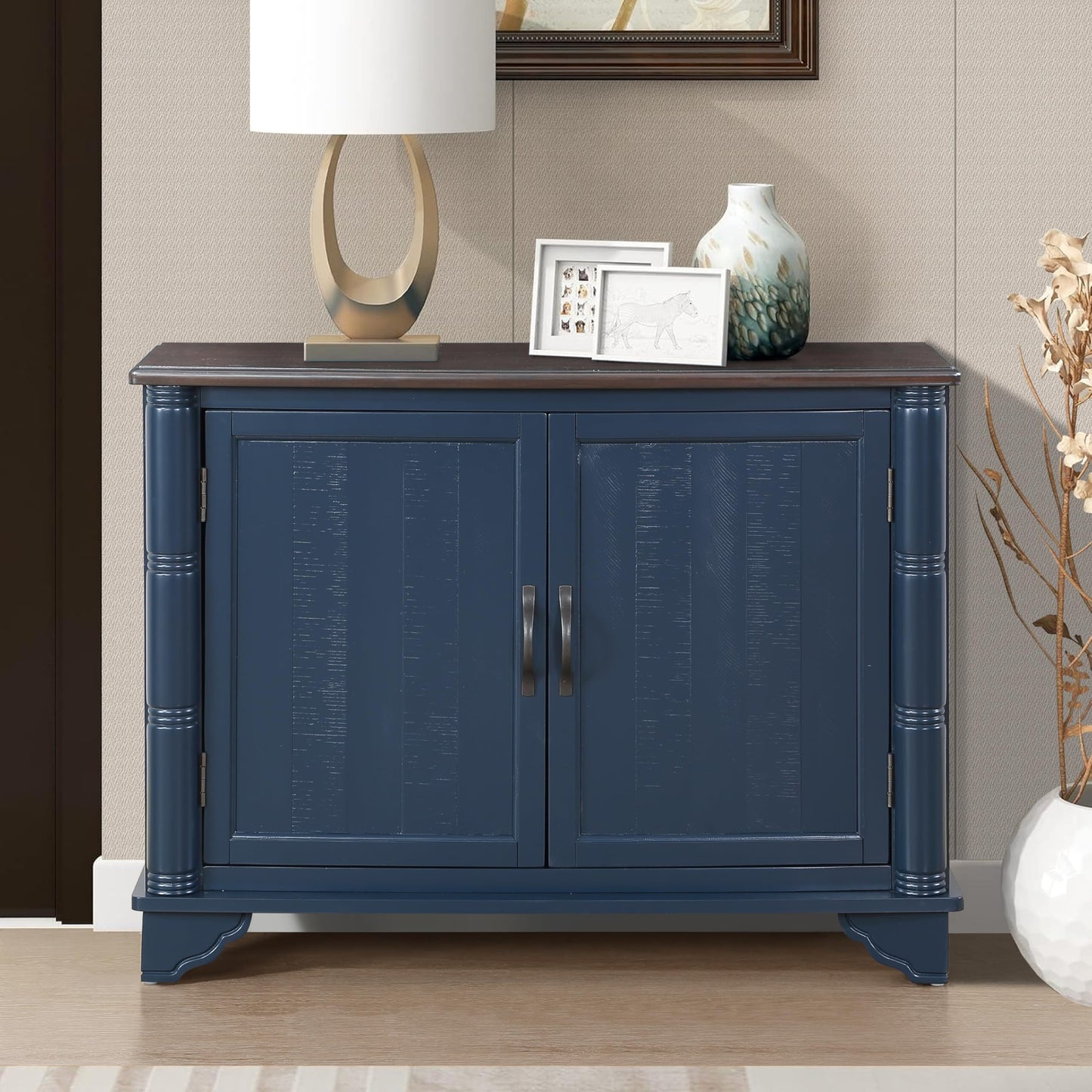 LKTART 40" Sideboard Buffet Accent Storage Cabinet with Carved Pattern Side Board Solid Wood Frame for Kitchen, Living Room, Entryway,Hallway (Blue+Brown)