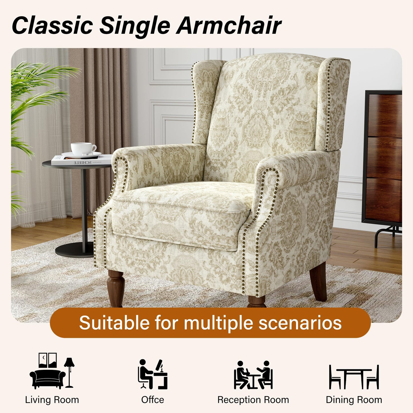 Floral Wingback Accent Chair, High Back Upholstered Armchair, Comfy Fabric Wingback Arms Chairs with Solid Wood Legs, Single Sofa Reading Chair for Bedroom Living Room, Beige