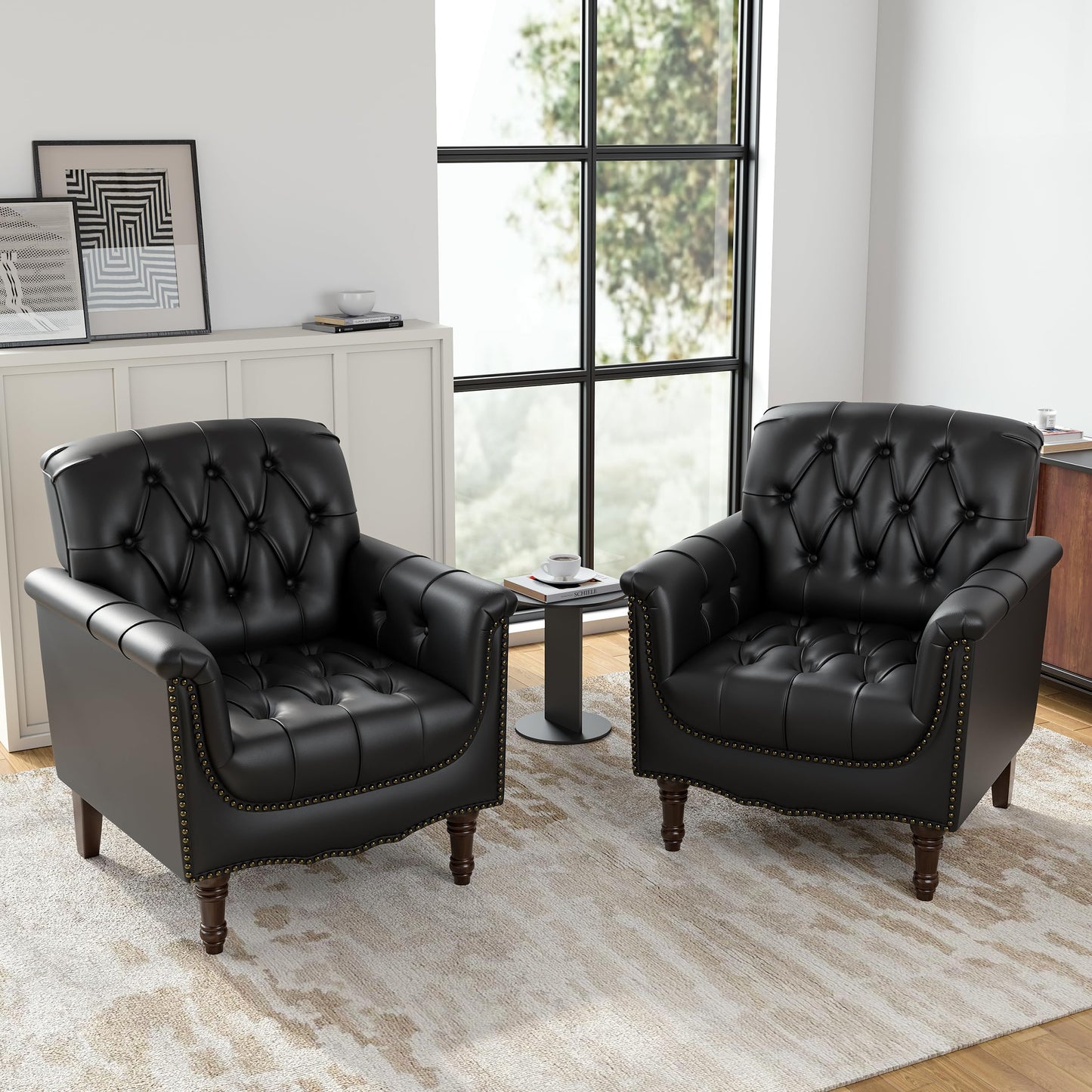 Faux Leather Club Chair, Retro Upholstered Armchair Accent Chair with Solid Wood Legs & Nailhead Trim for Living Room, Bedroom, Reading Room, Camel