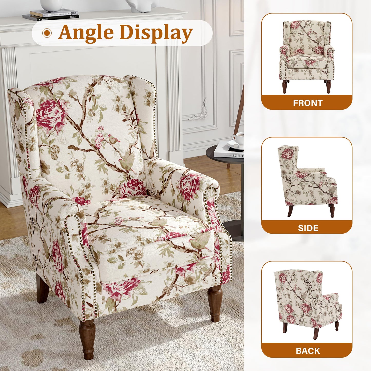 Floral Wingback Accent Chair, High Back Upholstered Armchair, Comfy Fabric Wingback Arms Chairs with Solid Wood Legs, Single Sofa Reading Chair for Bedroom Living Room, Beige