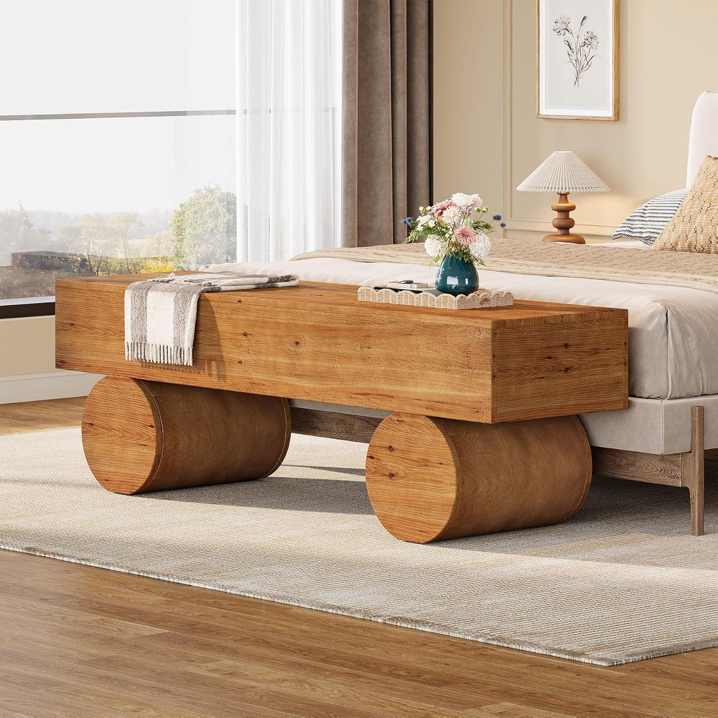 Solid Wood Dining Bench, 59” Farmhouse Indoor Long Kitchen Table Bench with Thickened Seat & Cylindrical Legs for Dining Room, Kitchen, Restaurant, Easy to Assemble, Brown