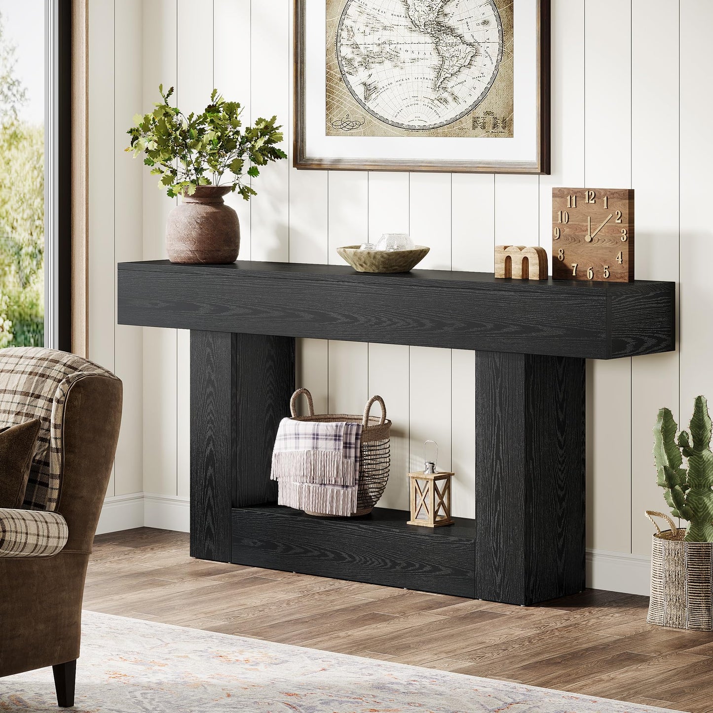 Tribesigns 63" Console Table, Farmhouse 2-Tier Entryway Table with U-Shaped Base, Narrow Long Wood Sofa Table Behind Couch Table for Living Room, Hallway, Foyer, Vintage Brown & Gray | Farmhouse
