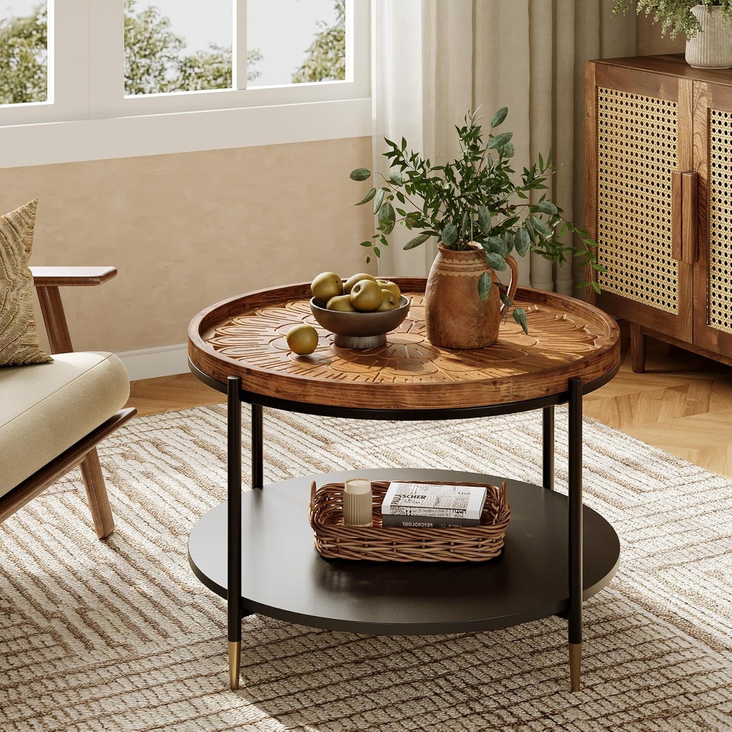 Solid Wood Round Coffee Table, 31.5-Inch Boho Center Tea Table with Metal Storage Frame & Carved Floral Pattern, Living Room Coffee Table Furniture for Small Spaces, Apartment, Rustic Brown