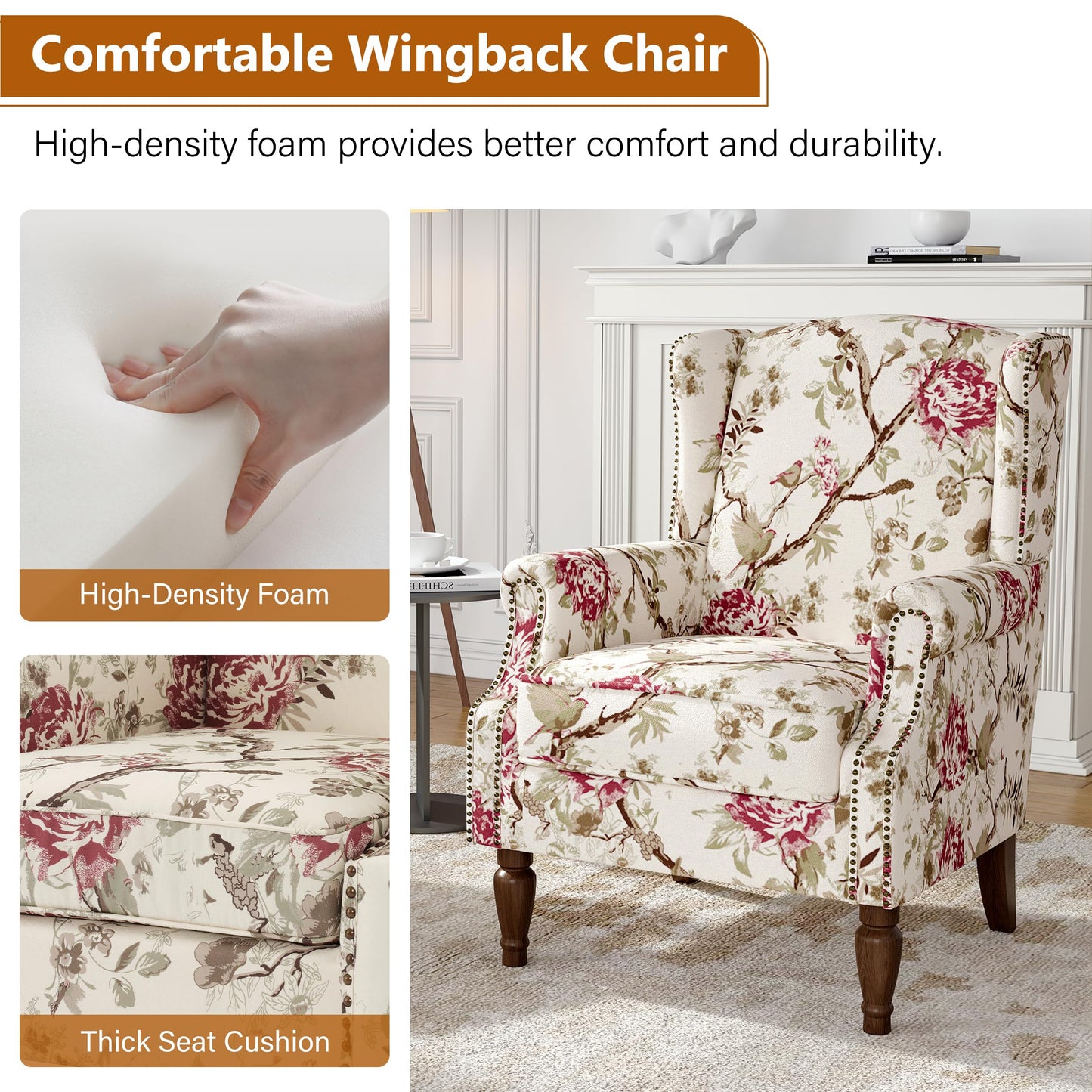 Floral Wingback Accent Chair, High Back Upholstered Armchair, Comfy Fabric Wingback Arms Chairs with Solid Wood Legs, Single Sofa Reading Chair for Bedroom Living Room, Beige