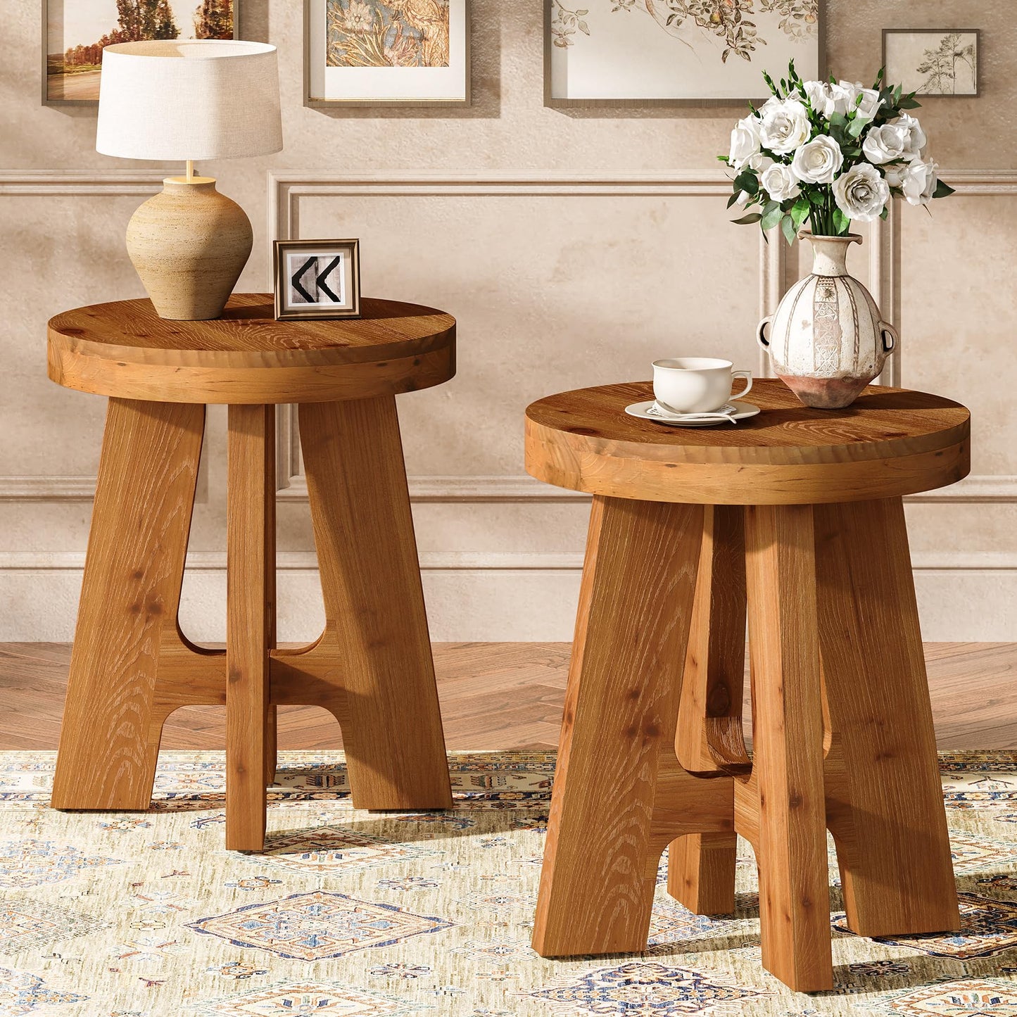 Set of 2 Round End Table, Farmhouse Solid Wood Side Table for Couch, Mid Century Modern Side Table with Heavy-Duty Leg, Wood Bedside Table for Bedroom, Small Spaces, Walnut