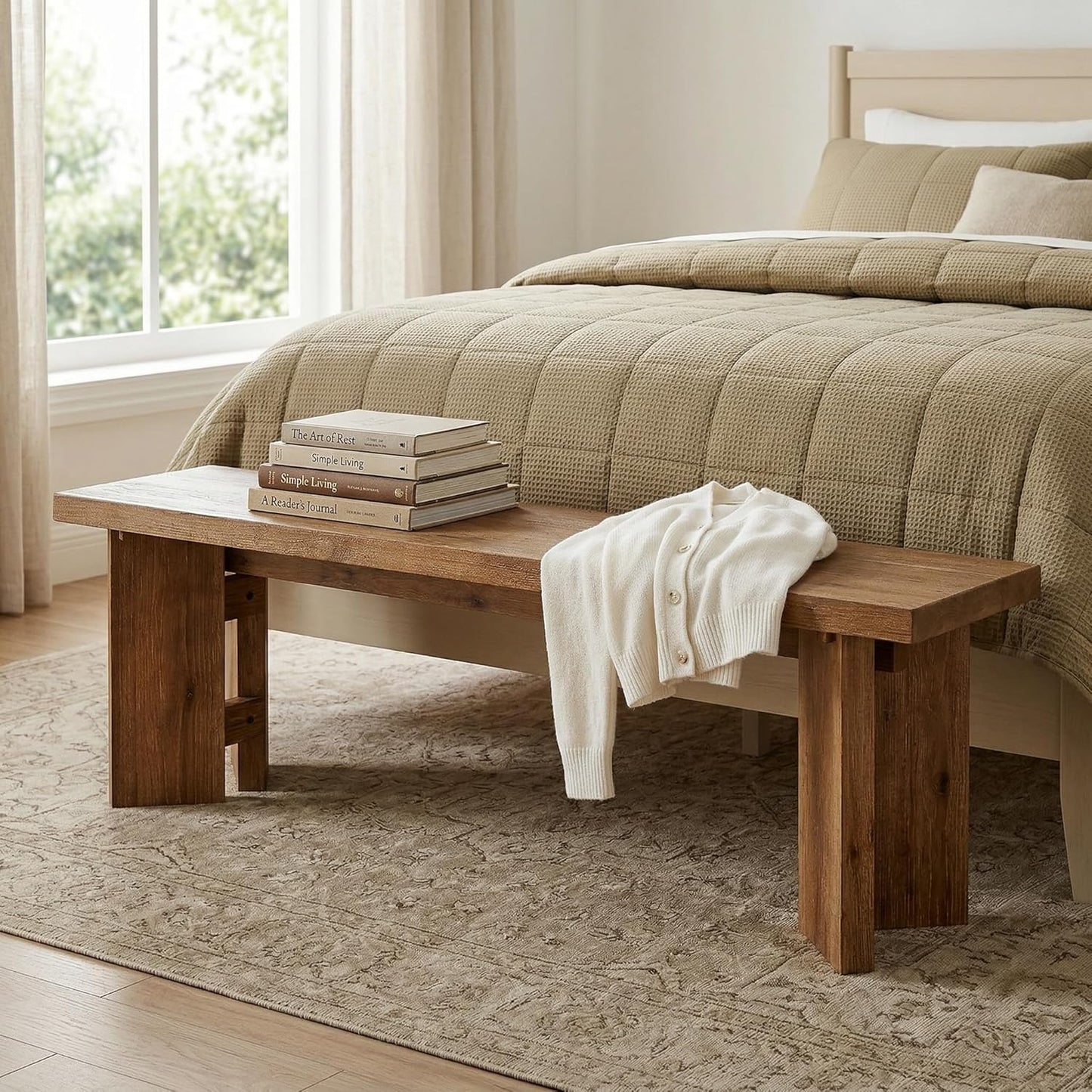 Solid Wood Entryway Bench, 62.99" Long Bench with Thickened Legs, Farmhouse Wooden Seating Benches for Entrance, Dining Room, End of Bed, Bay Window