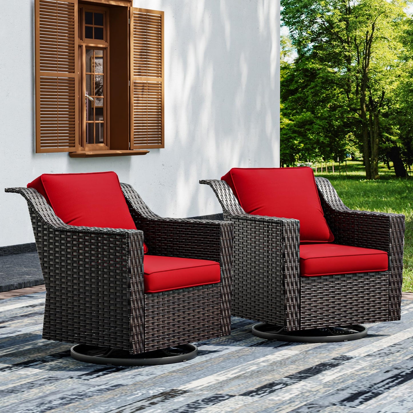 Joyside Patio Sofa - 3 Seater Rattan Sofa, All Weather High Back Sofa, Upgraded Large Size with 4inch Seat Cushions for Backyard, Garden, Poolside (Brown/Blue)