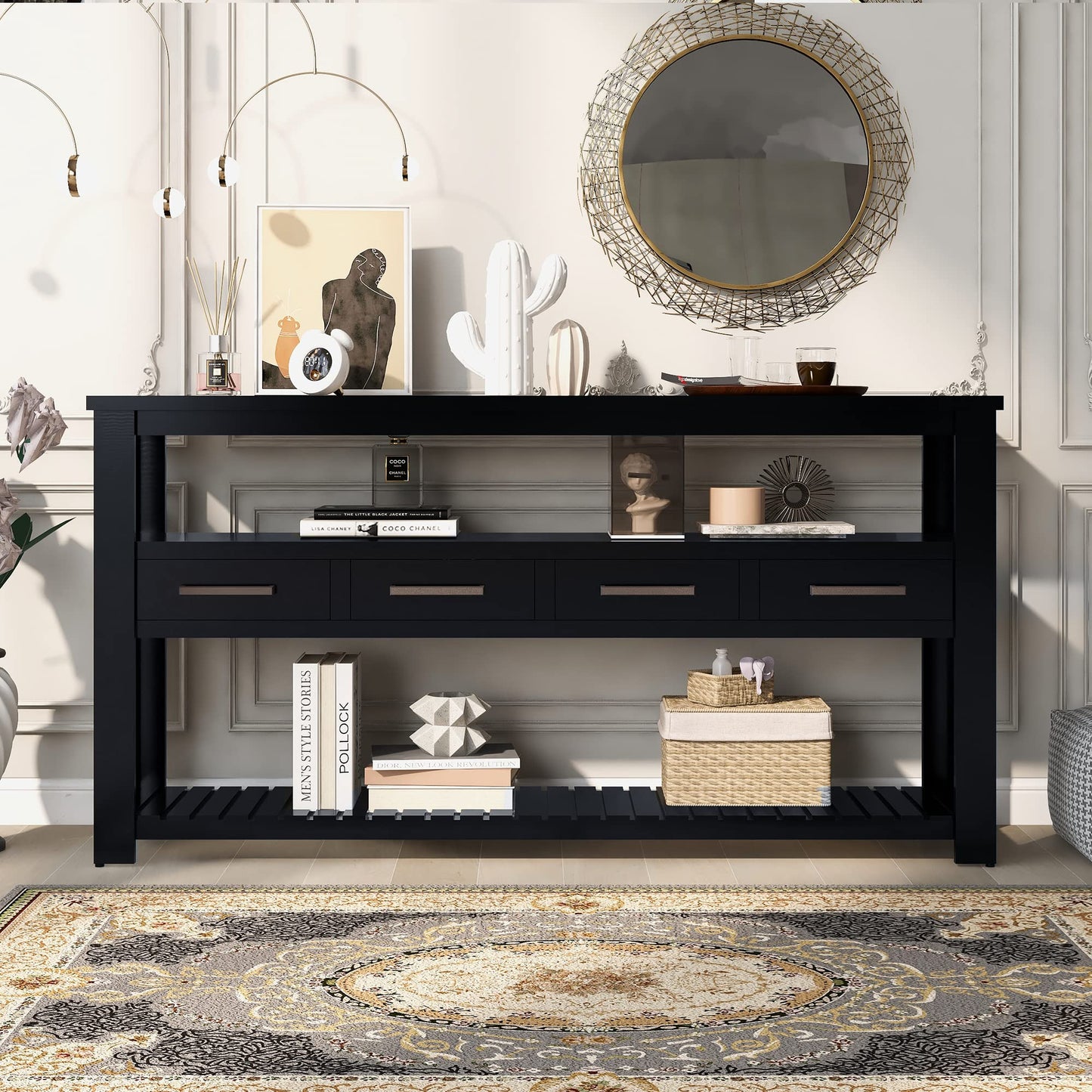 LKTART 63" Solid Wood Console Table Sofa Table with Storage Drawers and Bottom Shelf,Farmhouse Entryway Table for Hallway Foyer,Living Room,Easy Assembled (63" Espresso)
