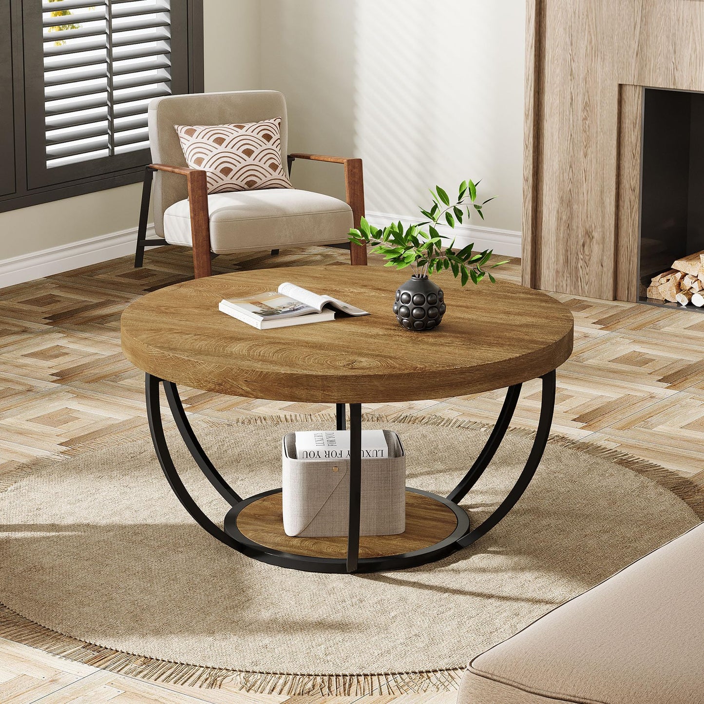 Tribesigns Round Coffee Table, 31.7" Wooden 2-Tier Circle Coffee Table with Storage Shelves, Modern Accent Cocktail Table Center Table for Living Room, Grey