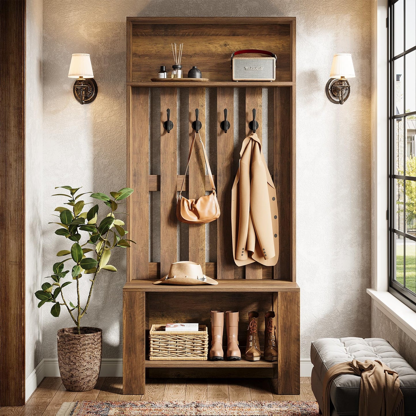 Tribesigns Hall Tree with Bench and Shoe Storage, Farmhouse Entryway Bench with Coat Racks, 70.8" Tall Wooden Hall Tree Organizer with 4 Hooks for Mudroom, Hallway, Bedroom, Space-Saving, Brown