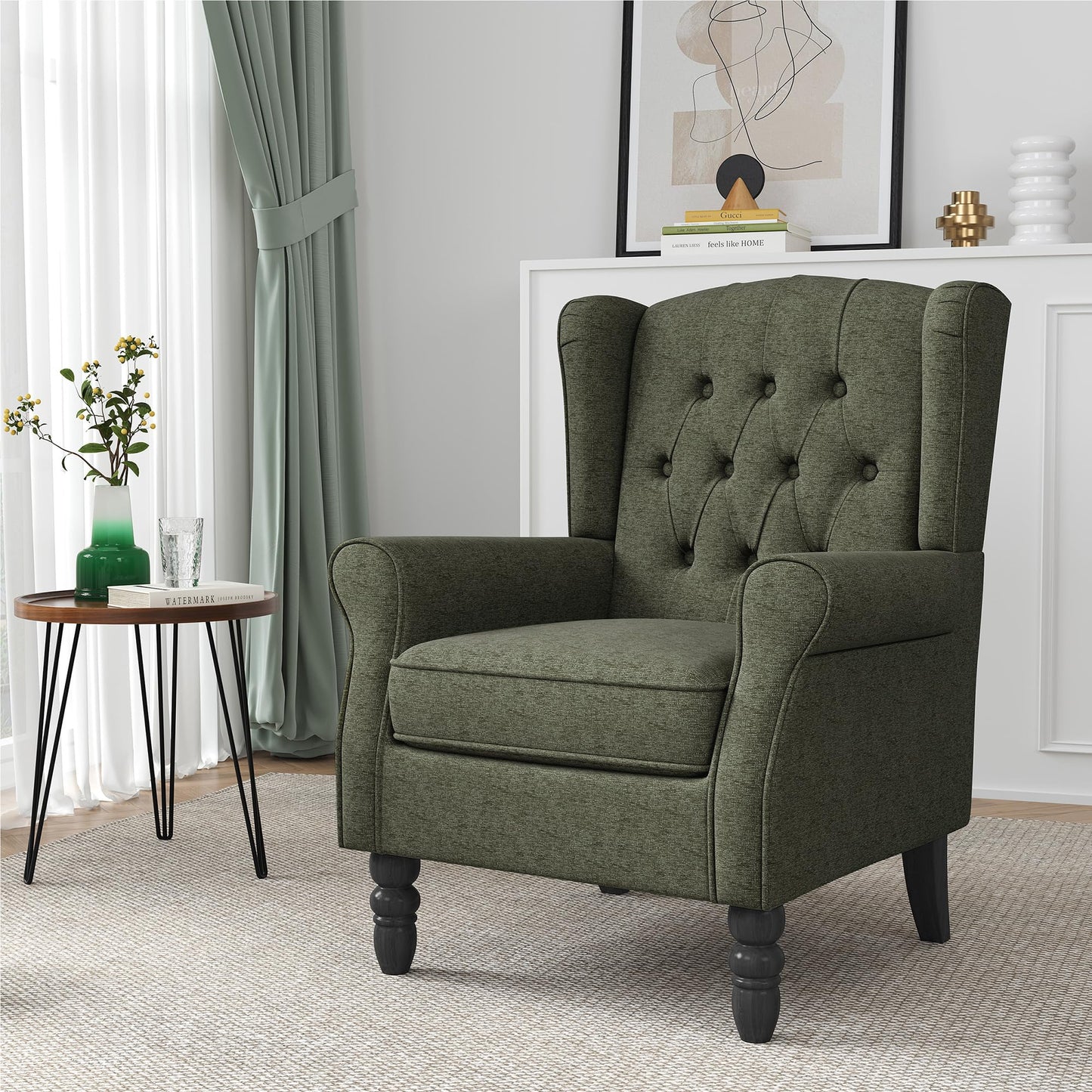 Faux Leather Wingback Chairs Set of 2, High Back Accent Chair for Living Room, Button-Tufted Upholstered Armchair with Solid Wood Legs, Comfy Reading Chair for Bedroom, Brown