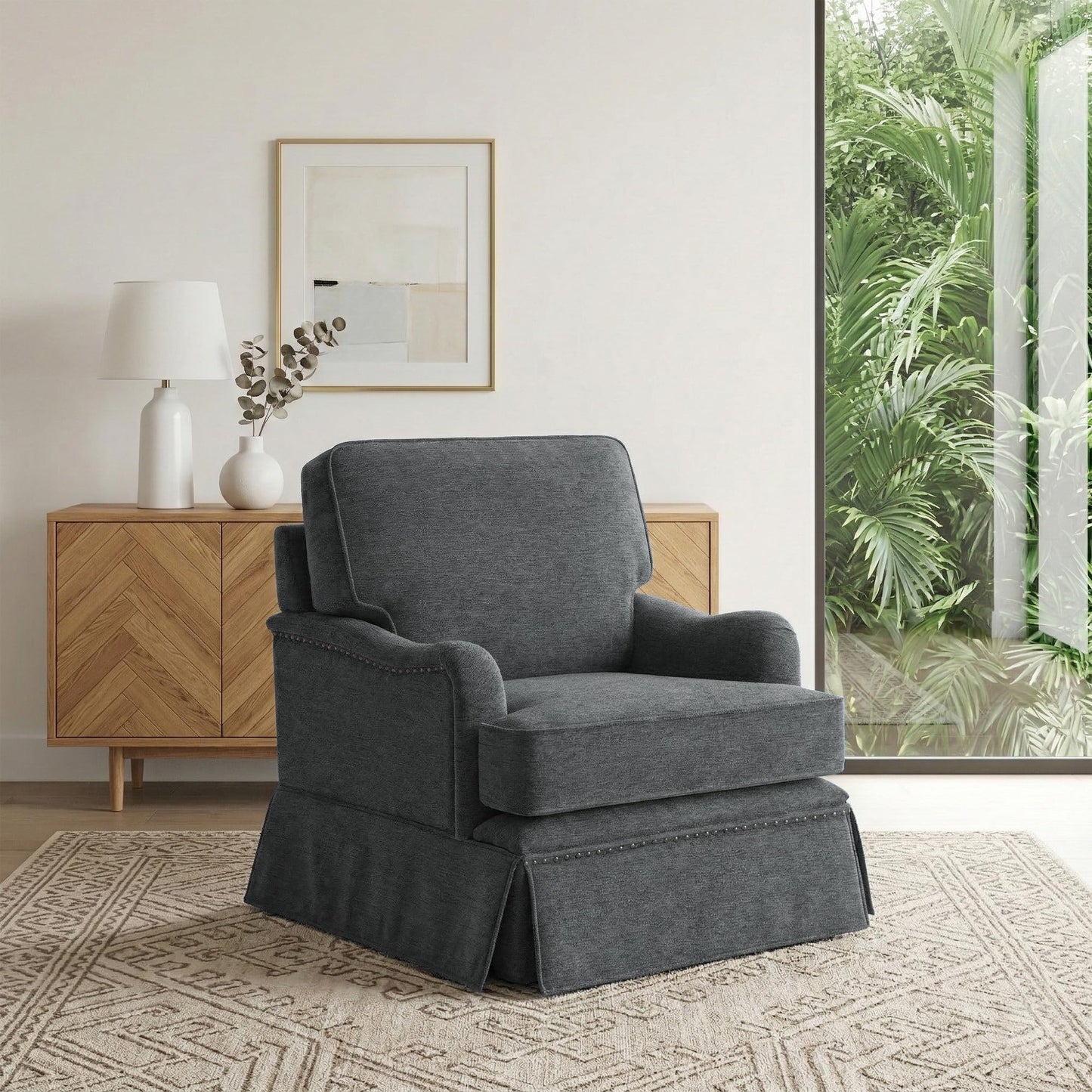 Swivel Accent Chair, 360° Swivel Upholstered Armchairs with Curved Arms, Comfy Chenille Fabric Lounge Reading Chairs for Living Room Bedroom Study, Metal Swivel Base, Tan