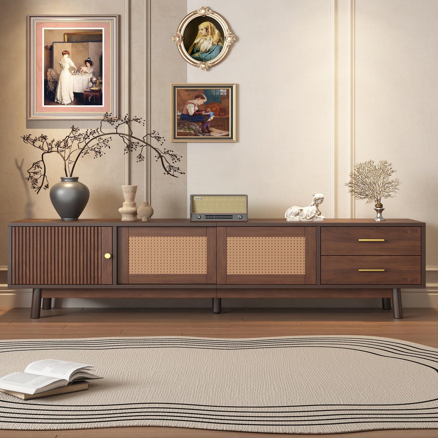 LKTART 67" Mid Century Modern TV Stand for 65/70/75/80" TVs,Entertainment Center with Sliding Doors and Drawers,Media Console for Living Room