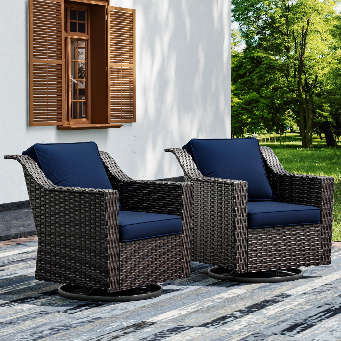 Joyside Patio Sofa - 3 Seater Rattan Sofa, All Weather High Back Sofa, Upgraded Large Size with 4inch Seat Cushions for Backyard, Garden, Poolside (Brown/Blue)