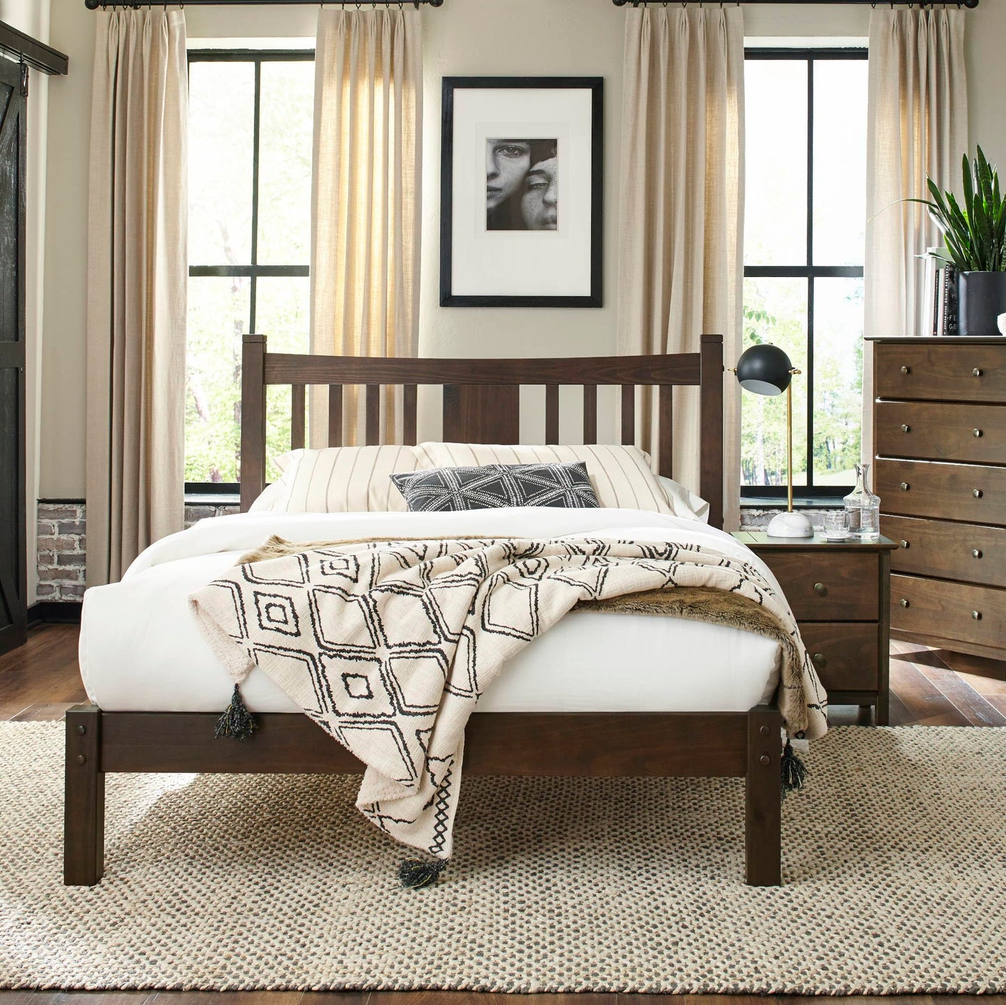 Grain Wood Furniture Shaker Solid Wood Slat Platform Bed, Queen Size, Walnut Finish