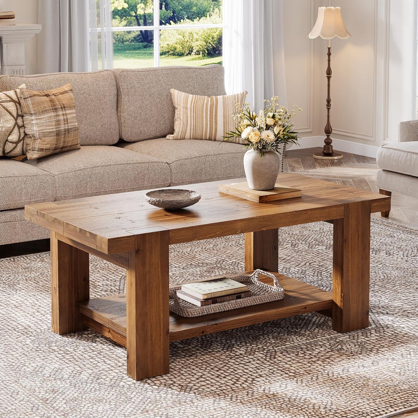 Solid Wood Coffee Table with 2-Tier Storage Shelf, 47.2" Farmhouse Rectangle Center Table Furniture for Living Room, Apartment, Office, Rustic Brown