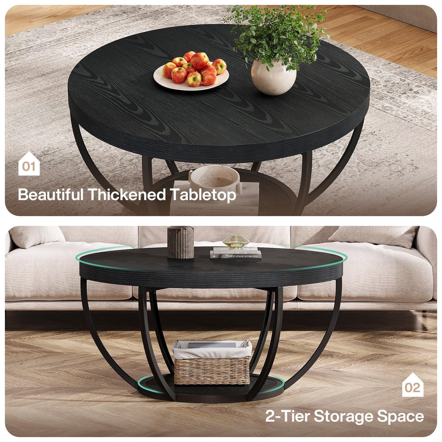 Tribesigns Round Coffee Table, 31.7" Wooden 2-Tier Circle Coffee Table with Storage Shelves, Modern Accent Cocktail Table Center Table for Living Room, Grey