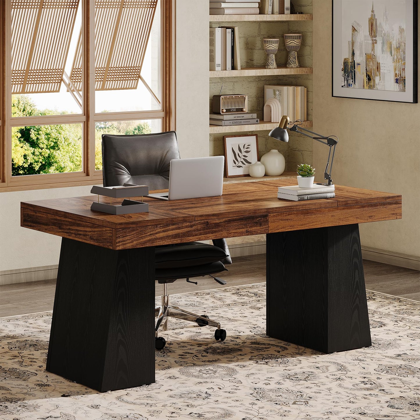 Tribesigns 55" Executive Desk, Wooden Office Desk with Double Pedestal, Modern Simple Computer Writing Table for Home Office, Light Brown