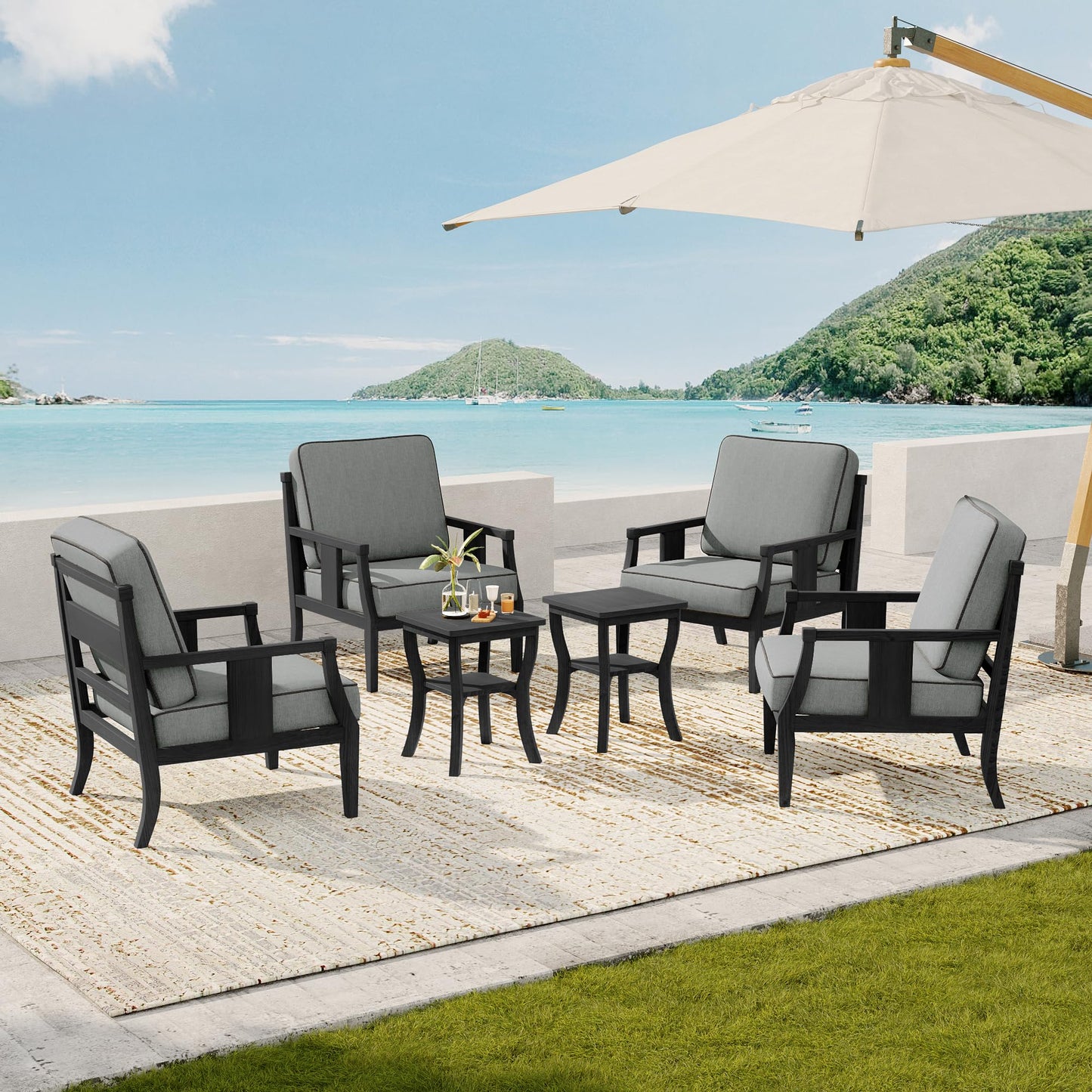 Outdoor Patio Armchairs Set of 2, All-Weather Solid Wood Patio Furniture Sets, Outdoor Sofa Chairs with Washable Thick Cushions for Porch, Balcony, Deck, Black Frame & Gray Cushion