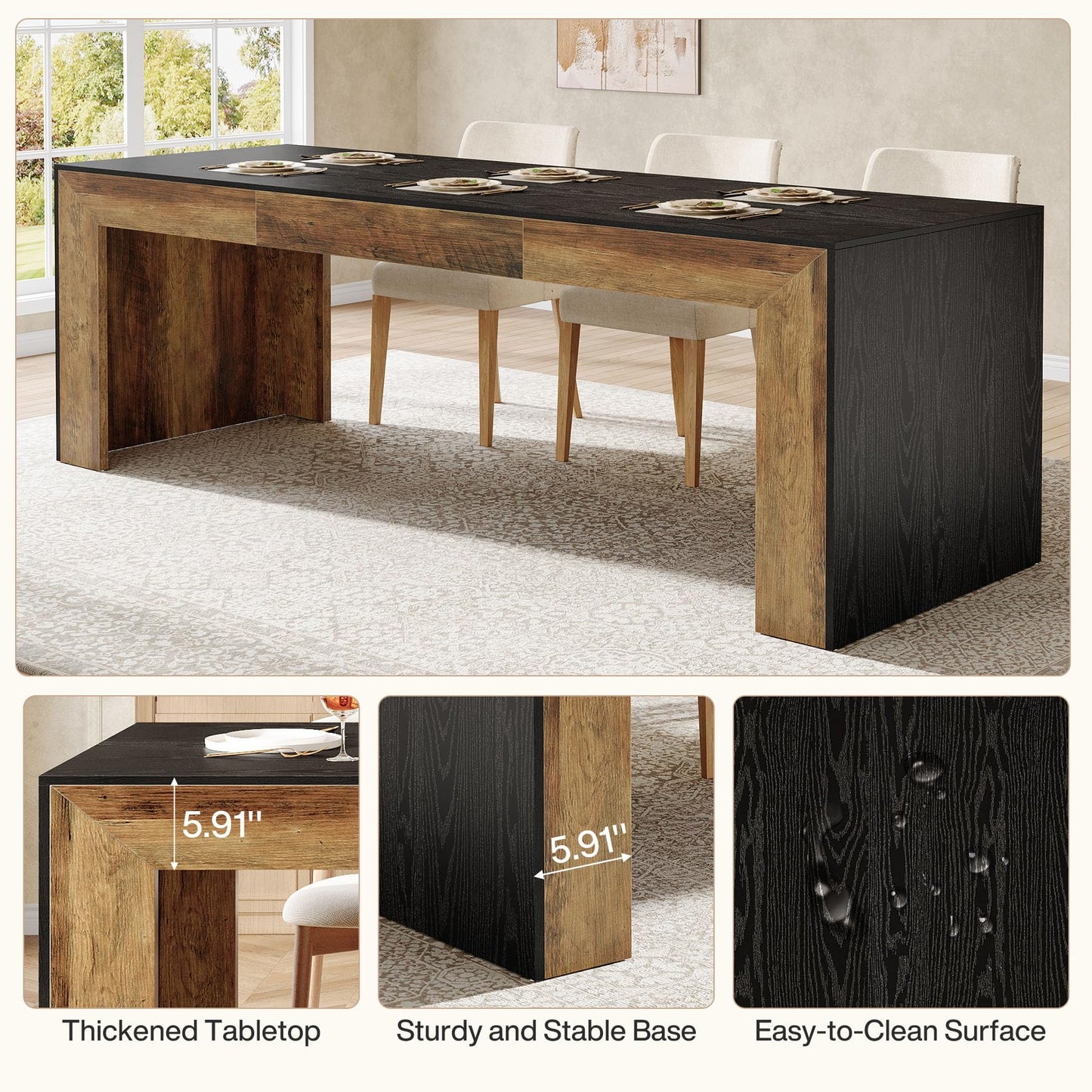 Tribesigns Extra Long Dining Table for 6-8 People, 78.7-Inch Rectangular Kitchen Table with Wooden Tabletop and Legs for Kitchen, Dining Room, Living Room, Heavy Duty, Black+Brown
