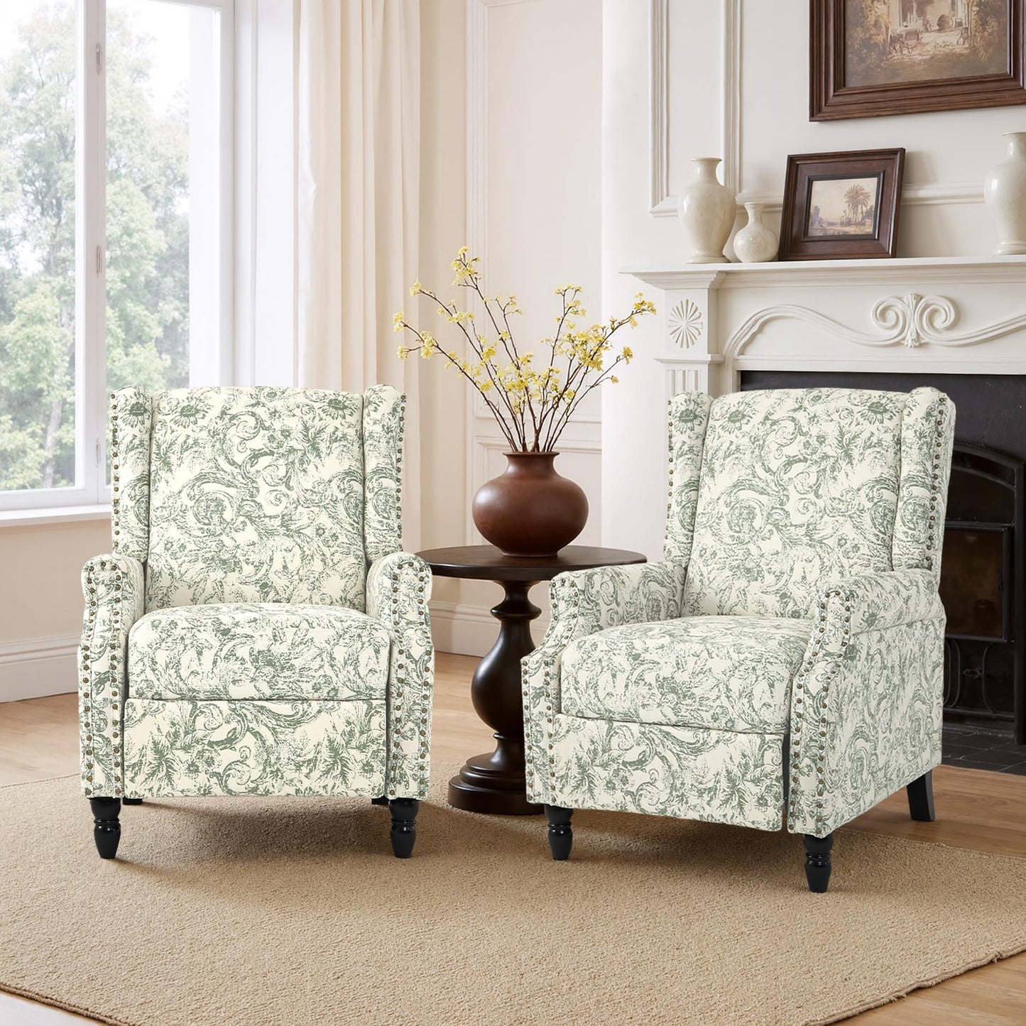 Pushback Recliner Chair, Printed Fabric Wingback Recliner Chair for Living Room, Upholstered Armchair Push Back Recliner with Wood Legs, Rivet Trim Wingback Accent Chair for Bedroom, Navy