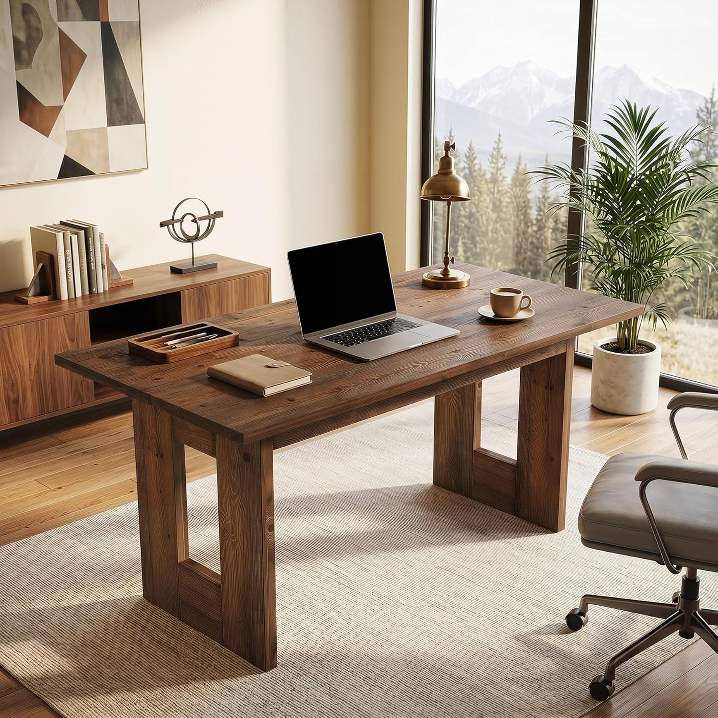 63-Inch Solid Wood Computer Desk, Rustic Rectangular Office Desk, Heavy Duty Writing Workstation with Sturdy Frame, Multi-Purpose Study Table for Home Office, Workplace, Brown