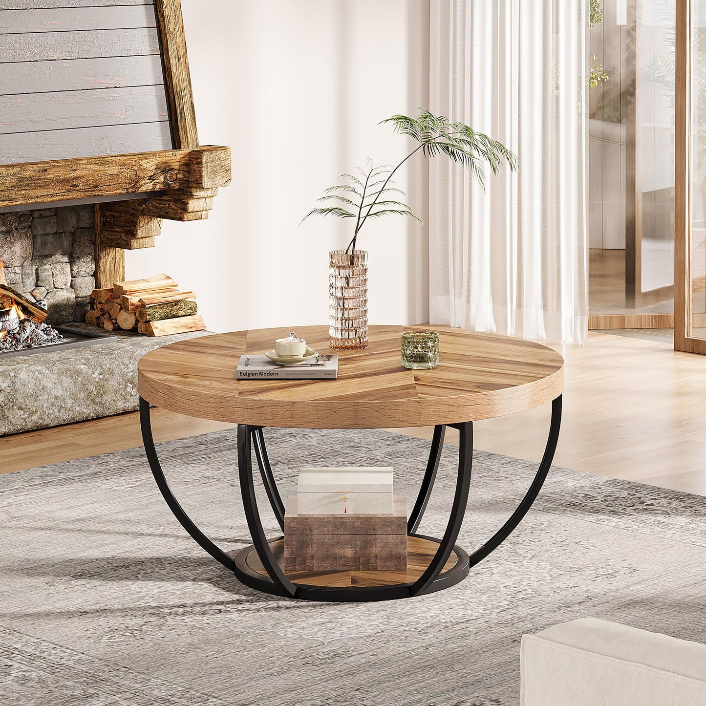 Tribesigns Round Coffee Table, 31.7" Wooden 2-Tier Circle Coffee Table with Storage Shelves, Modern Accent Cocktail Table Center Table for Living Room, Grey