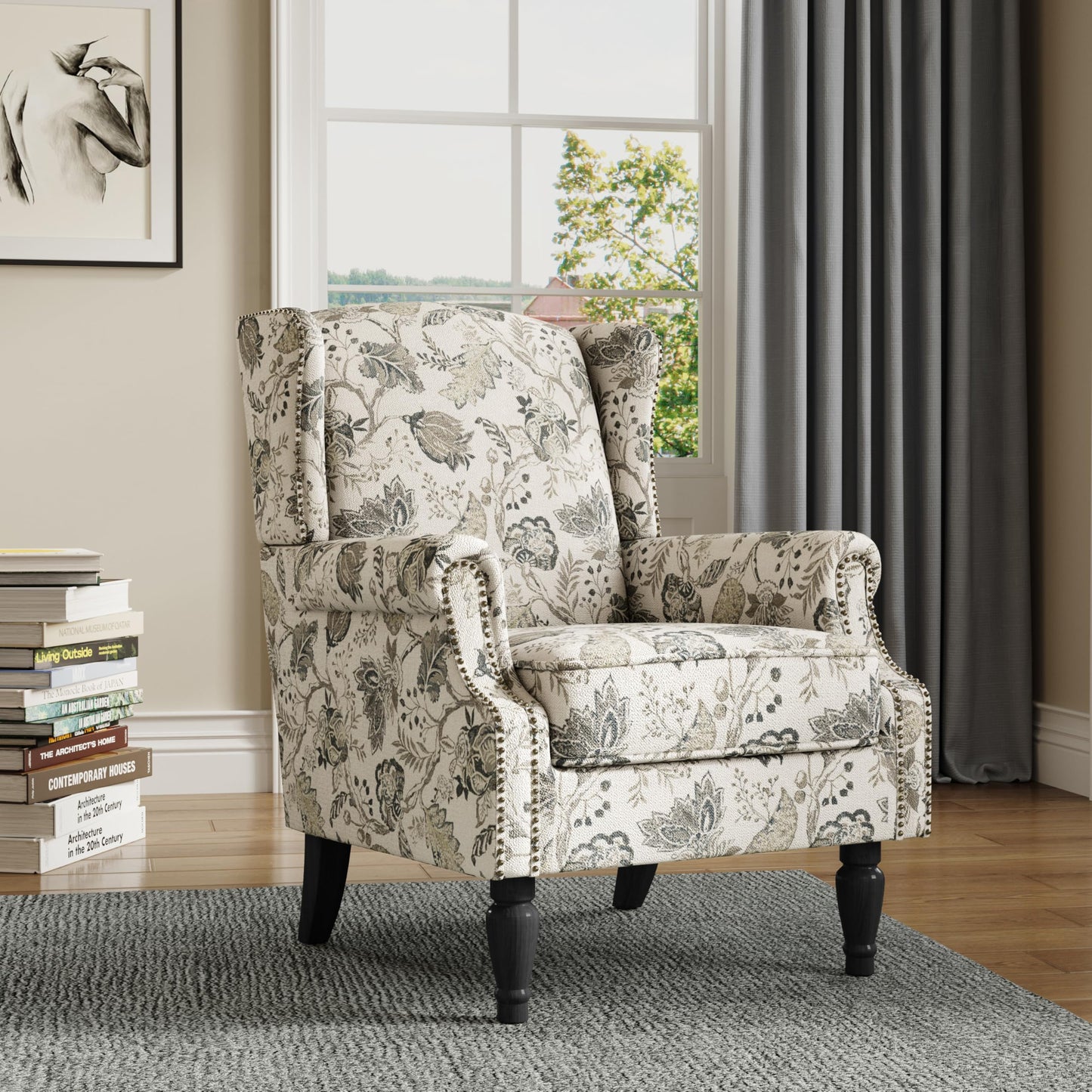 Floral Wingback Accent Chair, High Back Upholstered Armchair, Comfy Fabric Wingback Arms Chairs with Solid Wood Legs, Single Sofa Reading Chair for Bedroom Living Room, Beige