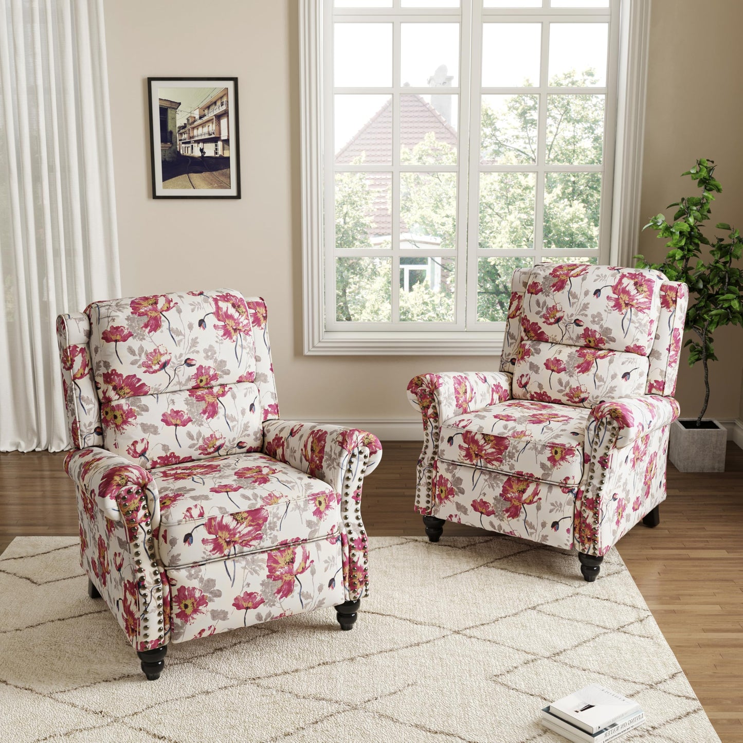 Pushback Recliner Chairs Set of 2, Comfy Fabric Wingback Recliner Chair, Upholstered Armchair Push Back Recliner with Wood Legs, Rivet Trim Accent Chair for Living Room, Bedroom, Blue Stripe